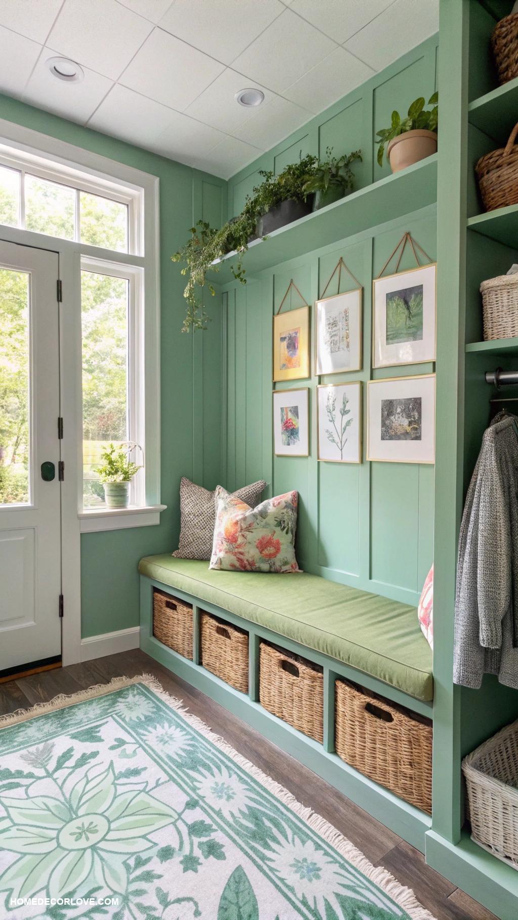 green mudroom ideas Include a green bench for seating