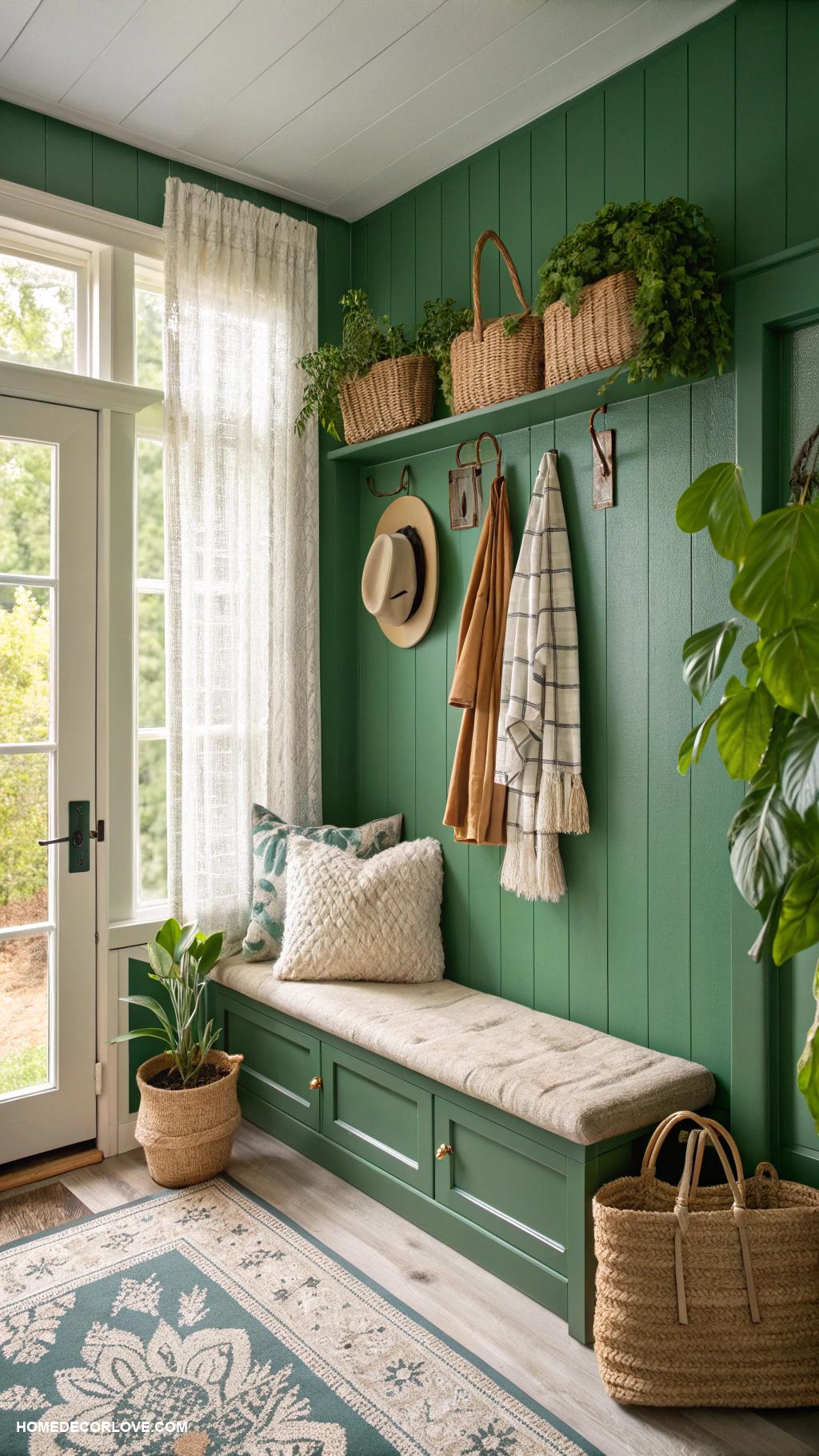 green mudroom ideas Incorporate woven wall hangings for charm