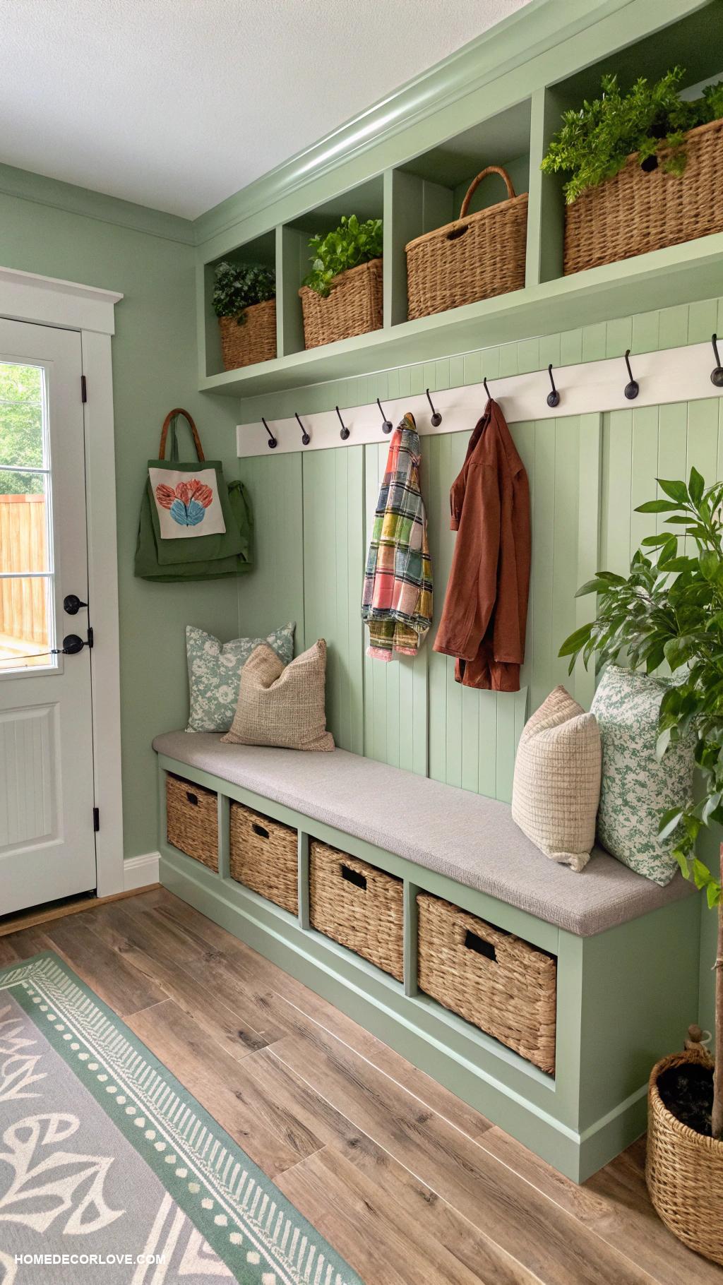 green mudroom ideas Opt for eco friendly paint and finishes