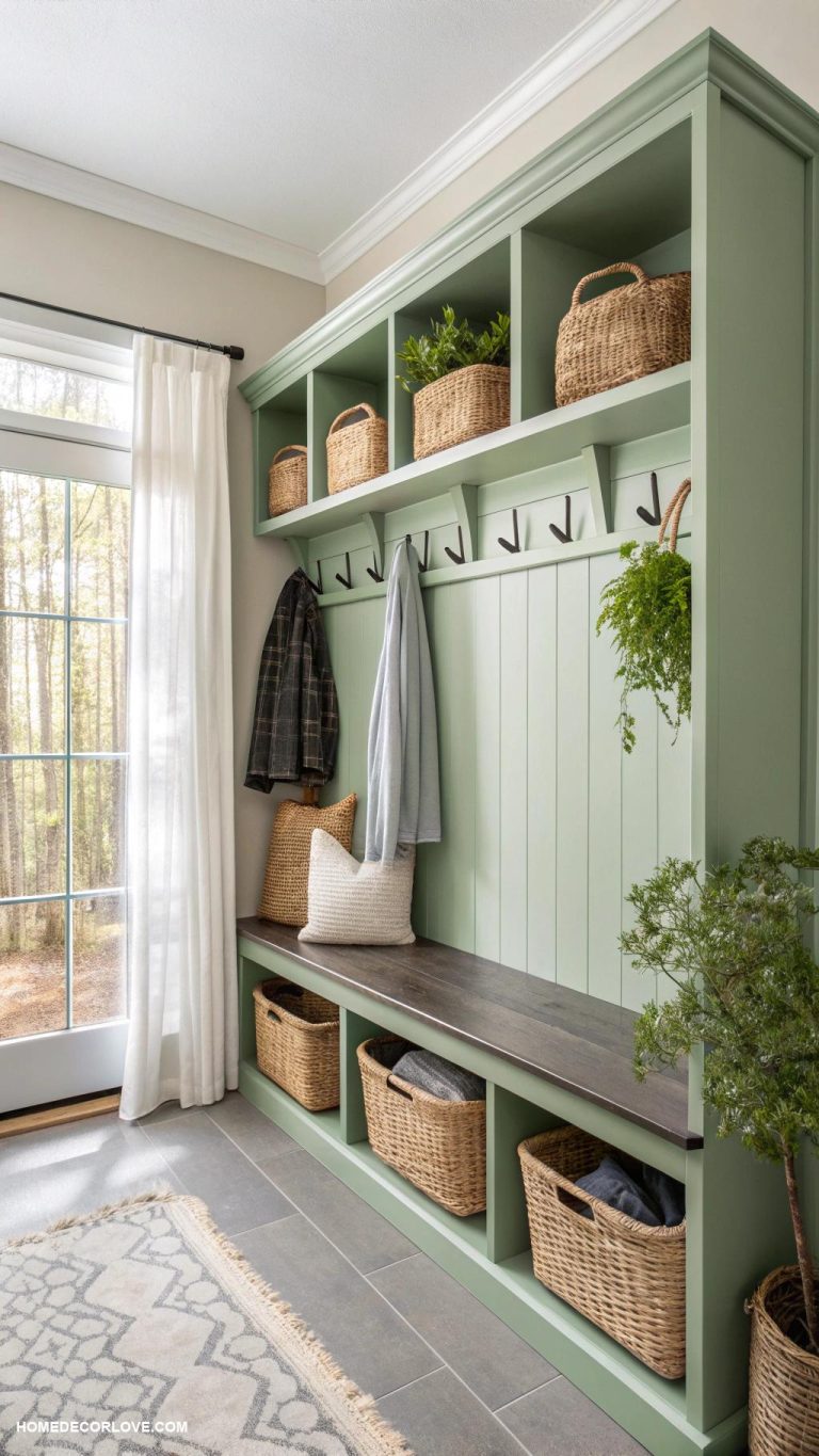 green mudroom ideas Use bamboo shelves for stylish storage