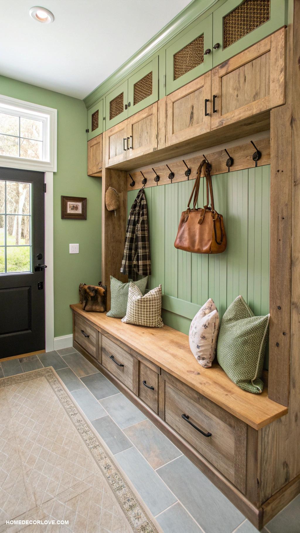 green mudroom ideas Use reclaimed wood for storage solutions