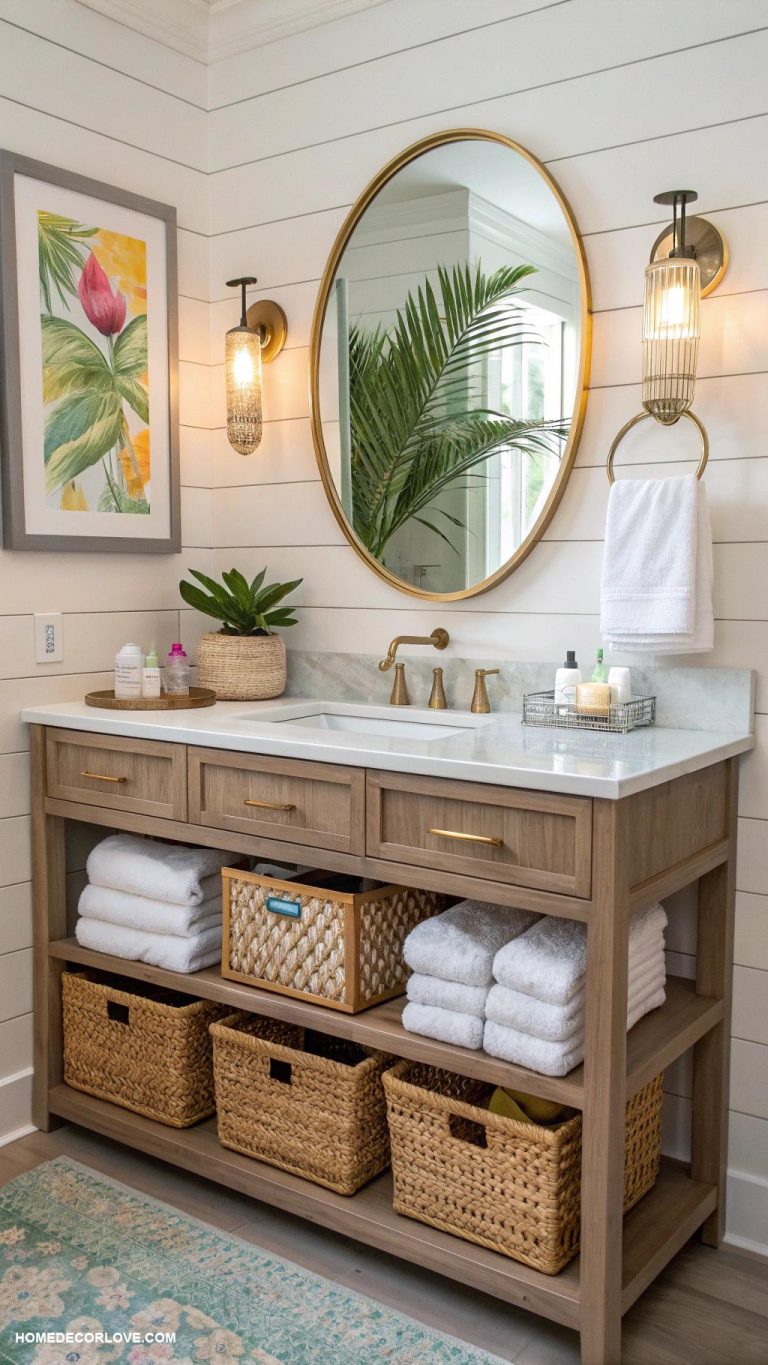 guest bathroom ideas Use stylish storage baskets for organization