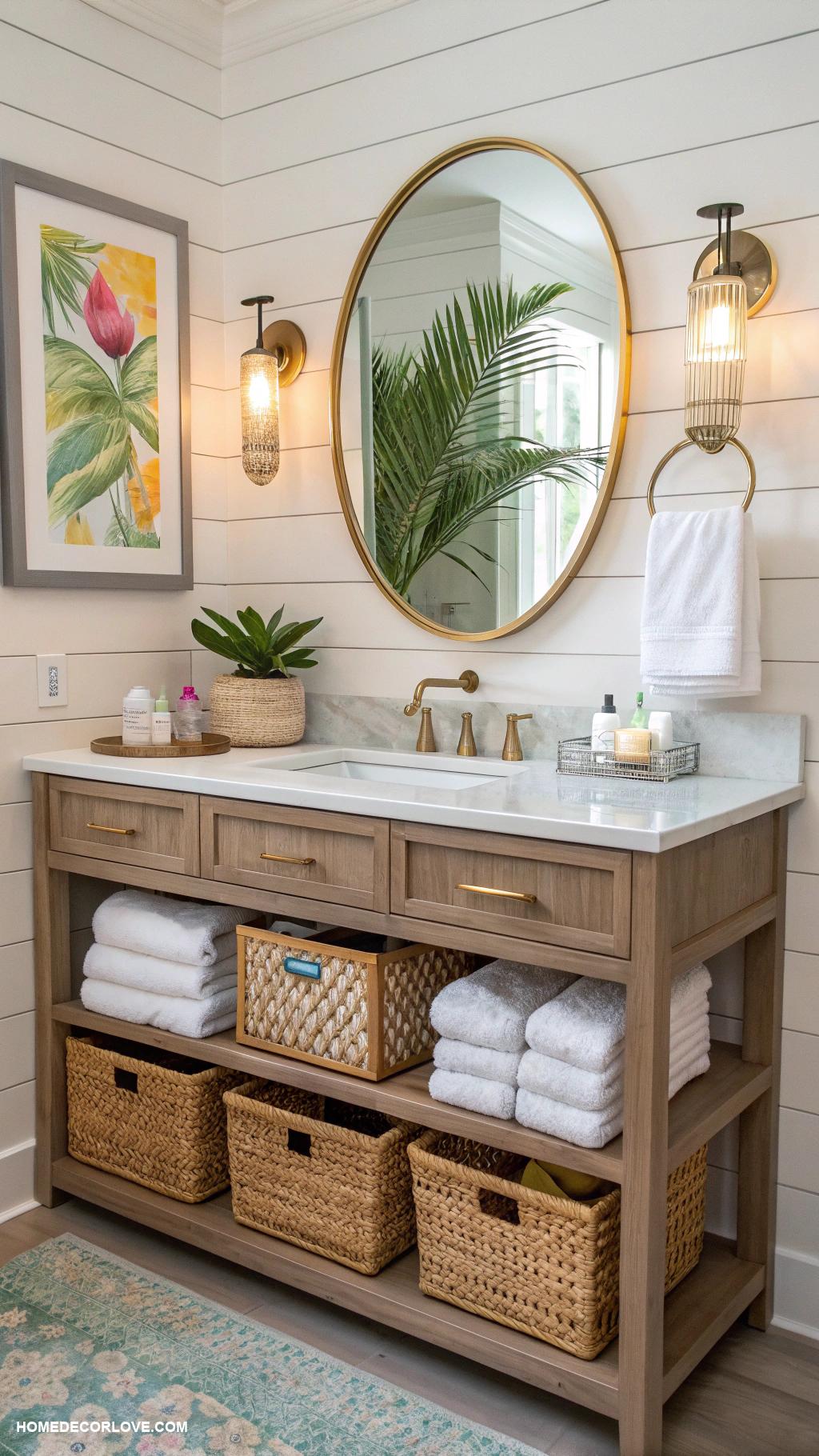 guest bathroom ideas Use stylish storage baskets for organization