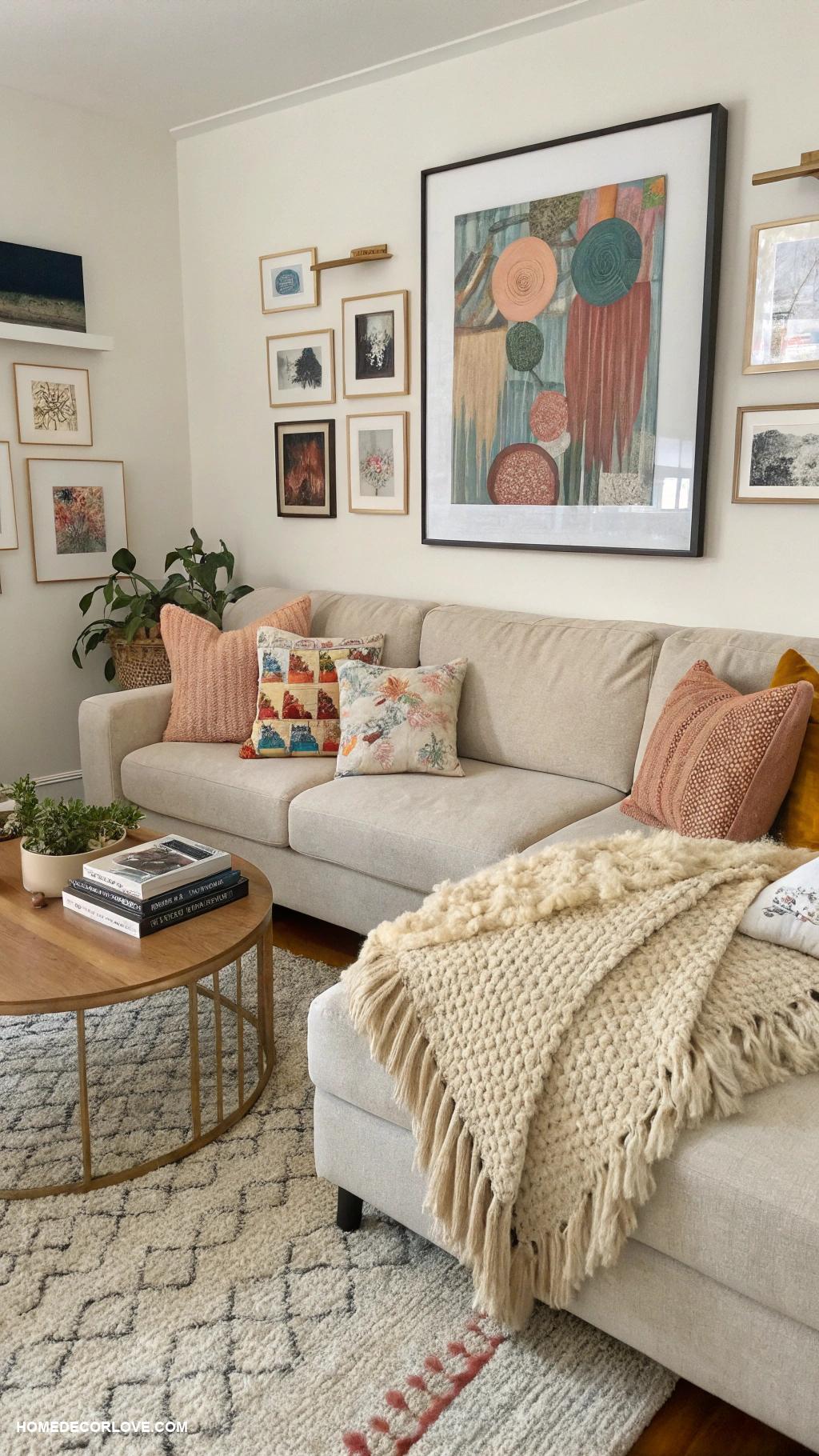 living room decor ideas Hang artwork at eye level