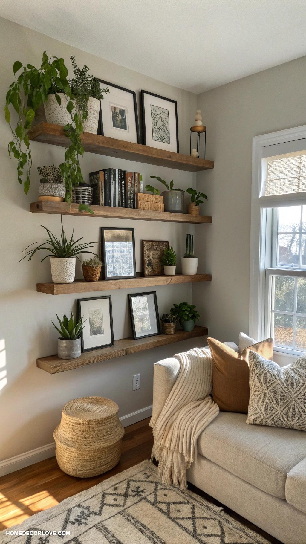 living room decor ideas Install floating shelves for display