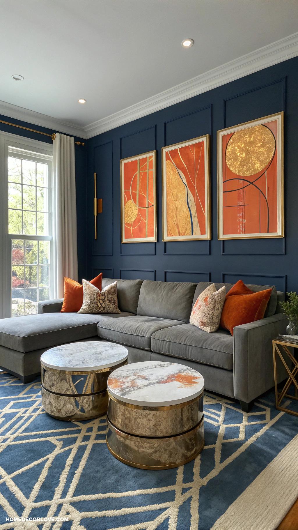 living room inspo Bold accent wall with modern art