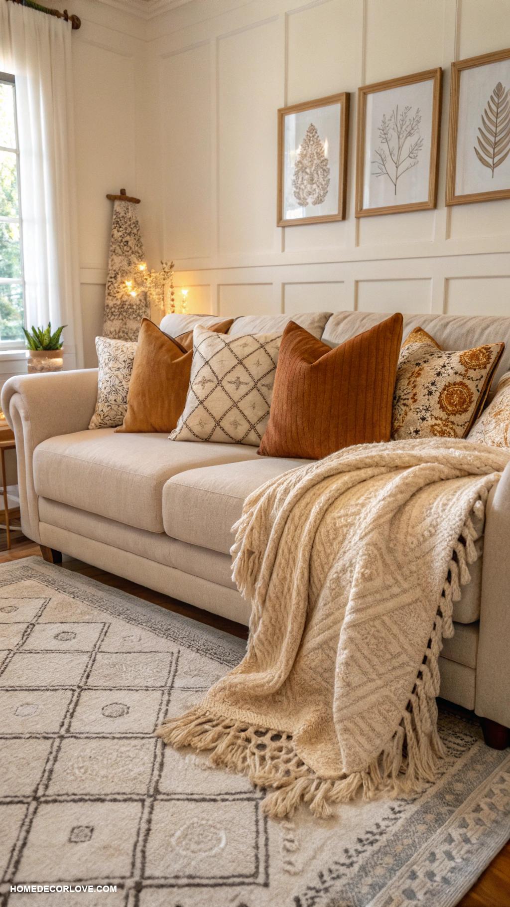 living room inspo Textured throw pillows for added comfort