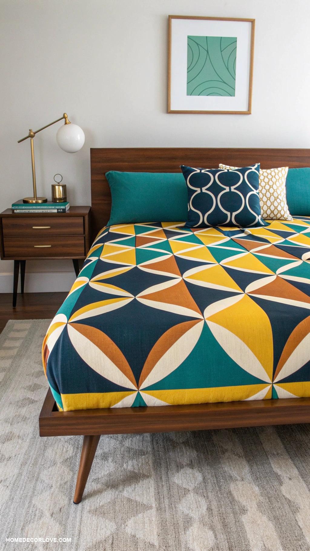 mid century modern bedroom Bold geometric patterned bedding for impact