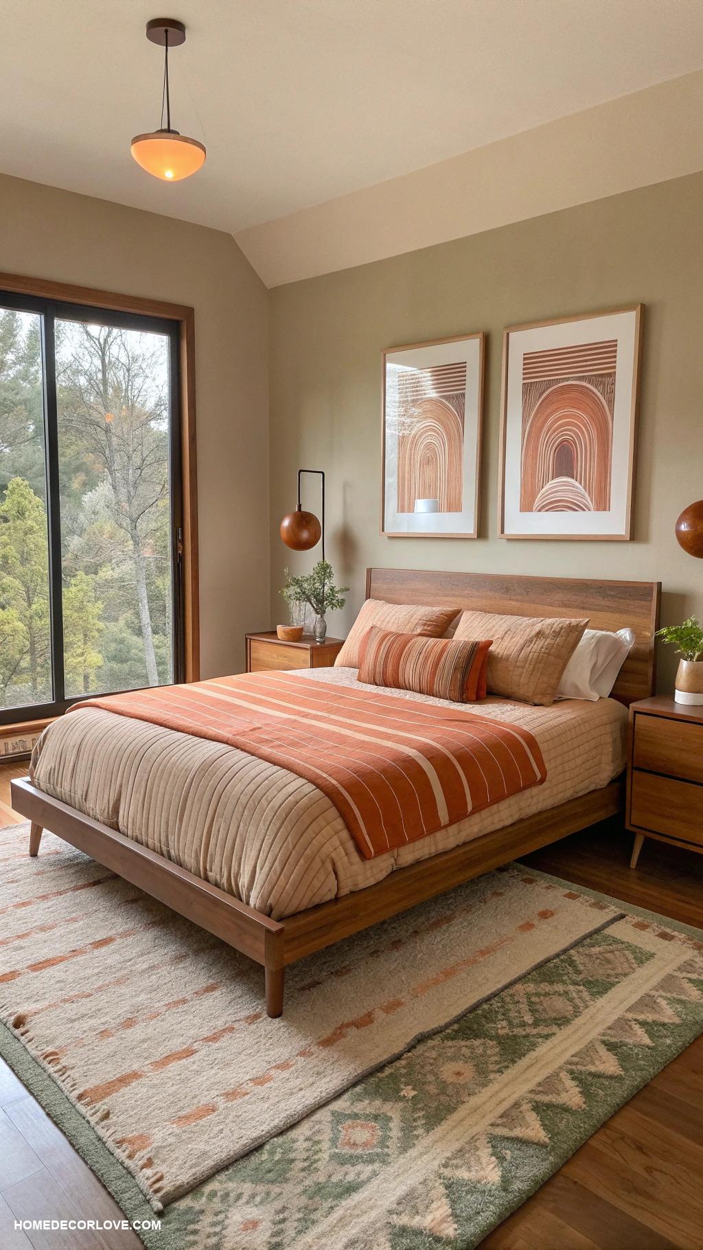 mid century modern bedroom Earthy color palette with warm neutrals