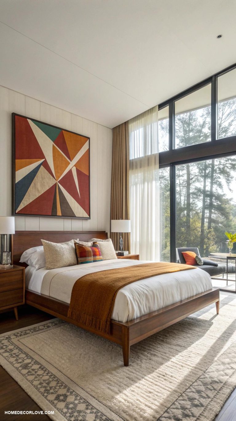 mid century modern bedroom Large abstract art piece above bed