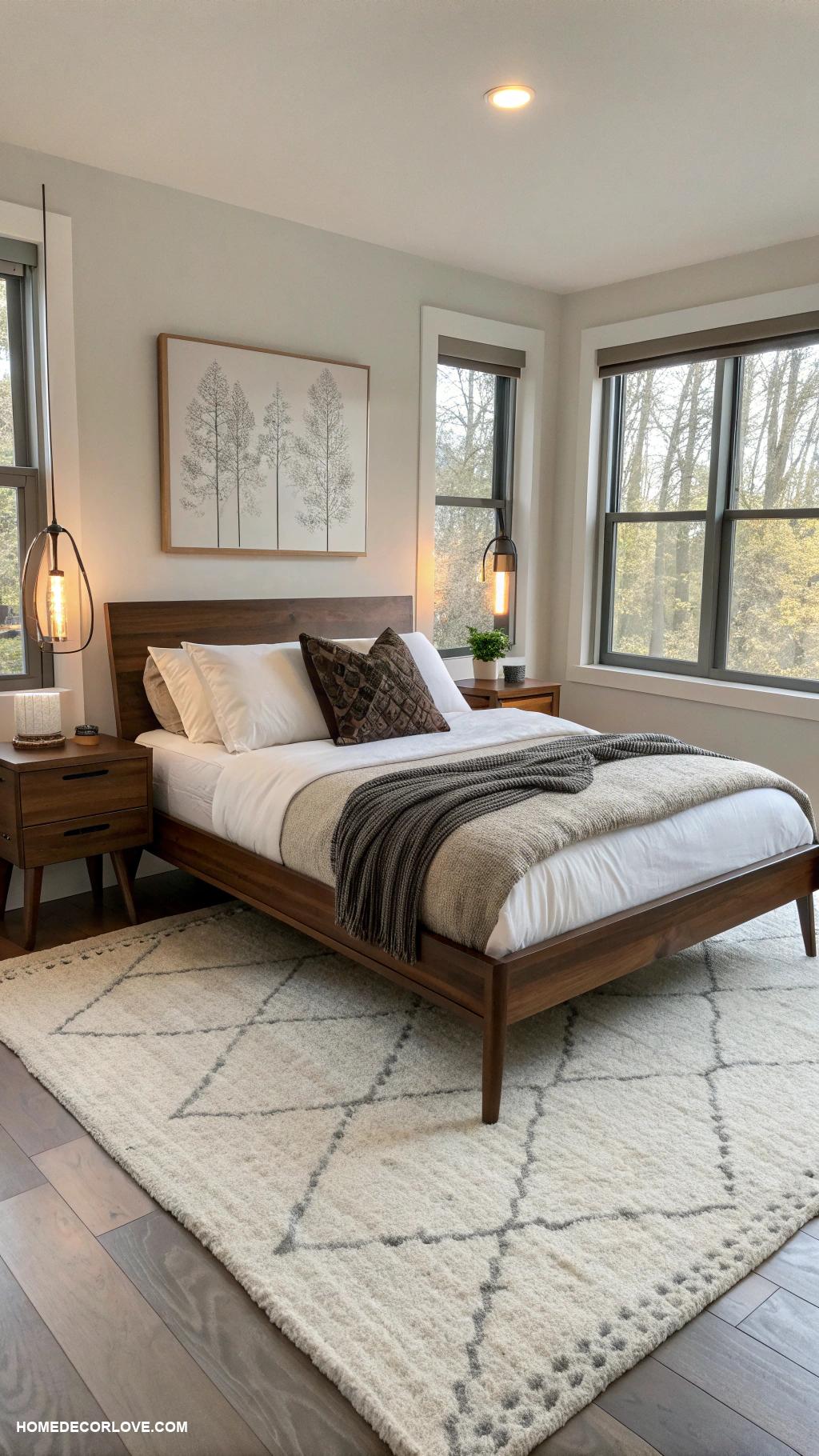 mid century modern bedroom Sleek walnut bed frame with simple lines