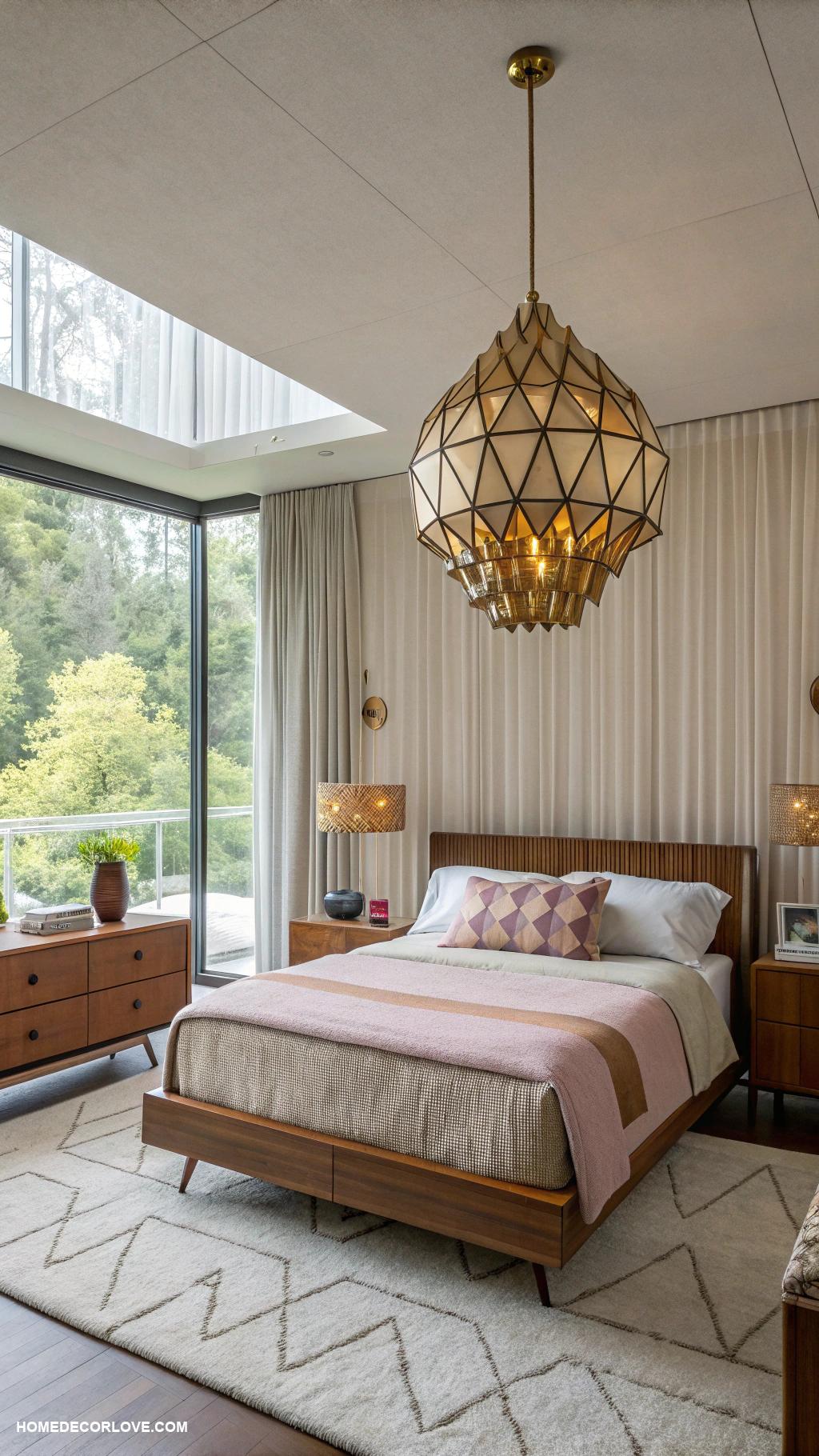 mid century modern bedroom Unique pendant lighting for dramatic flair