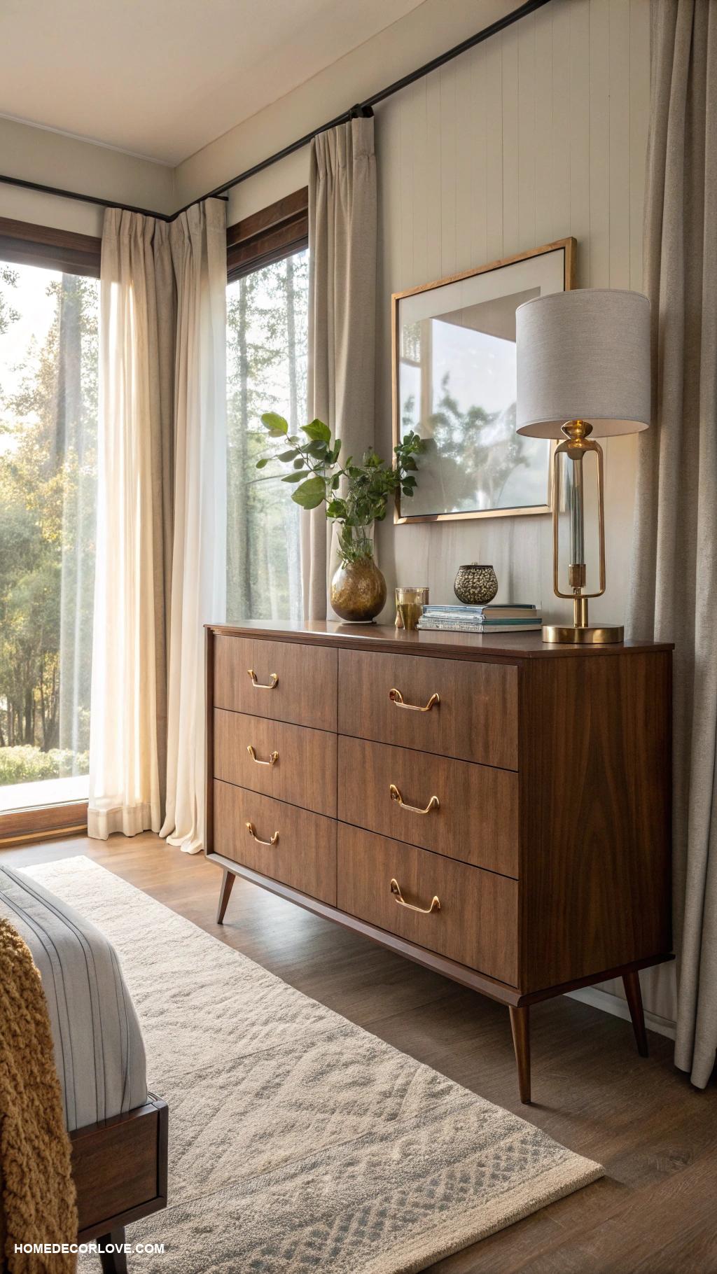 mid century modern bedroom Vintage dresser with brass hardware accents