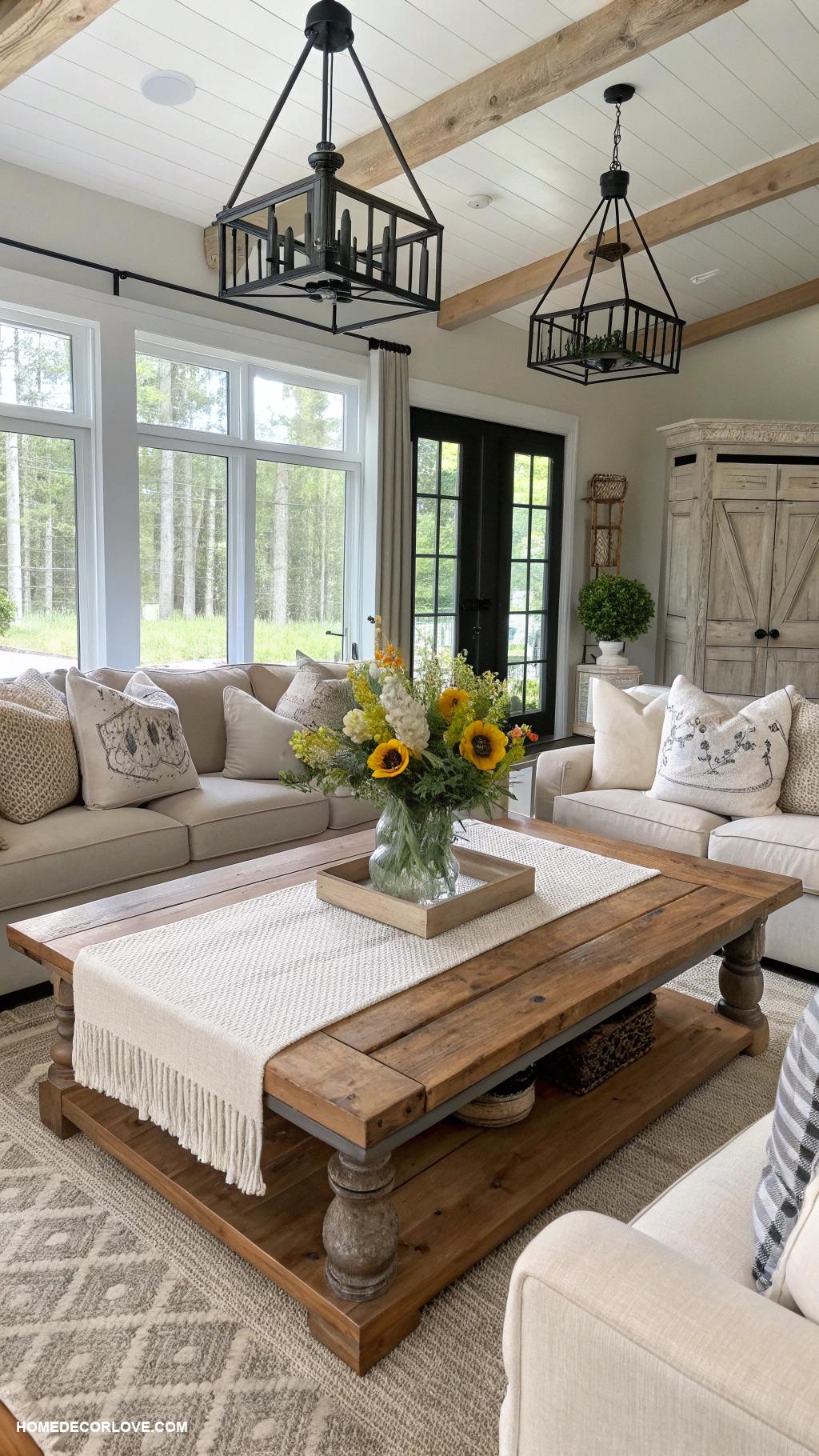modern farmhouse decor ideas Black metal light fixtures for contrast