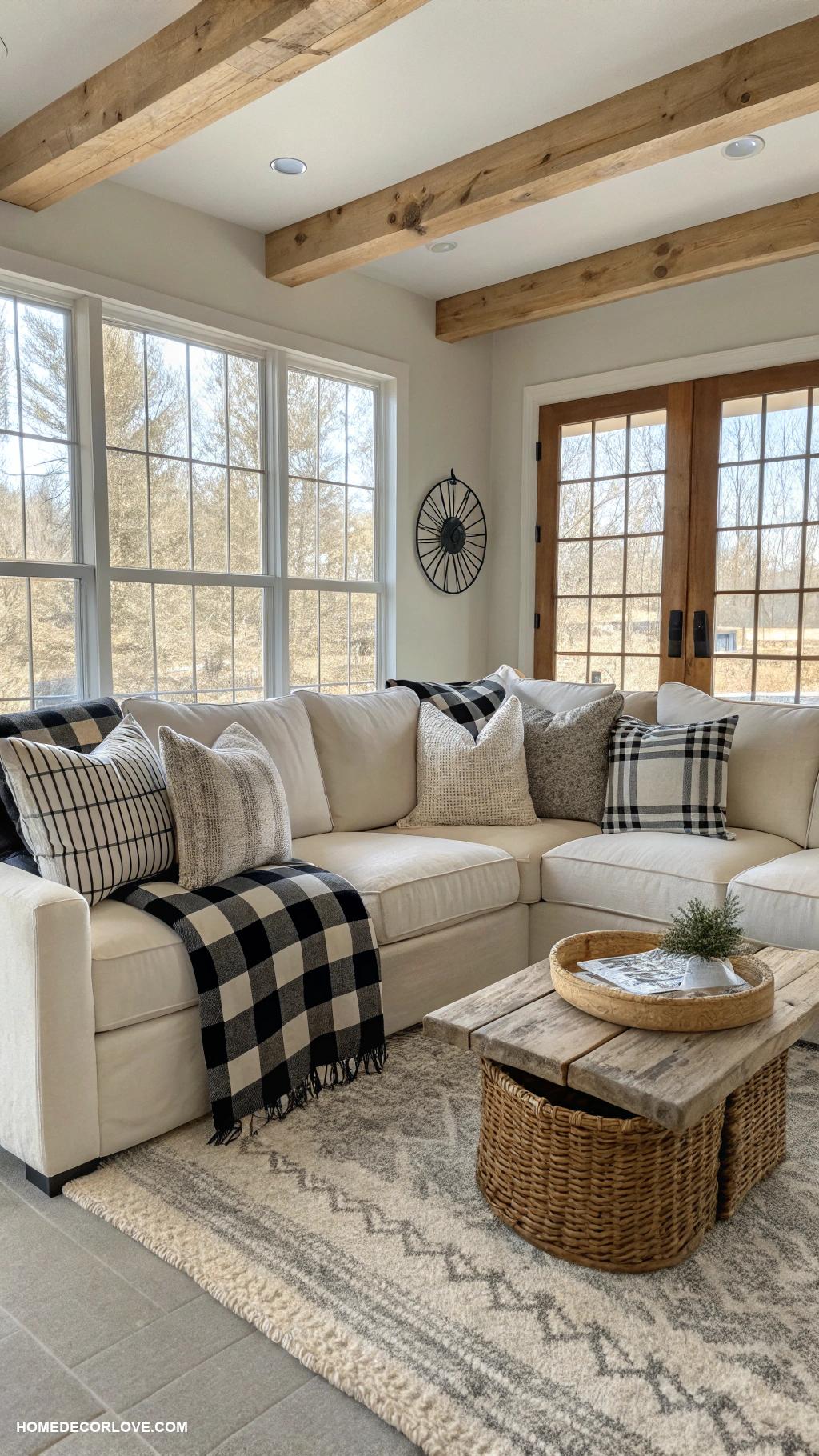 modern farmhouse decor ideas Buffalo check throw pillows for cozy vibes