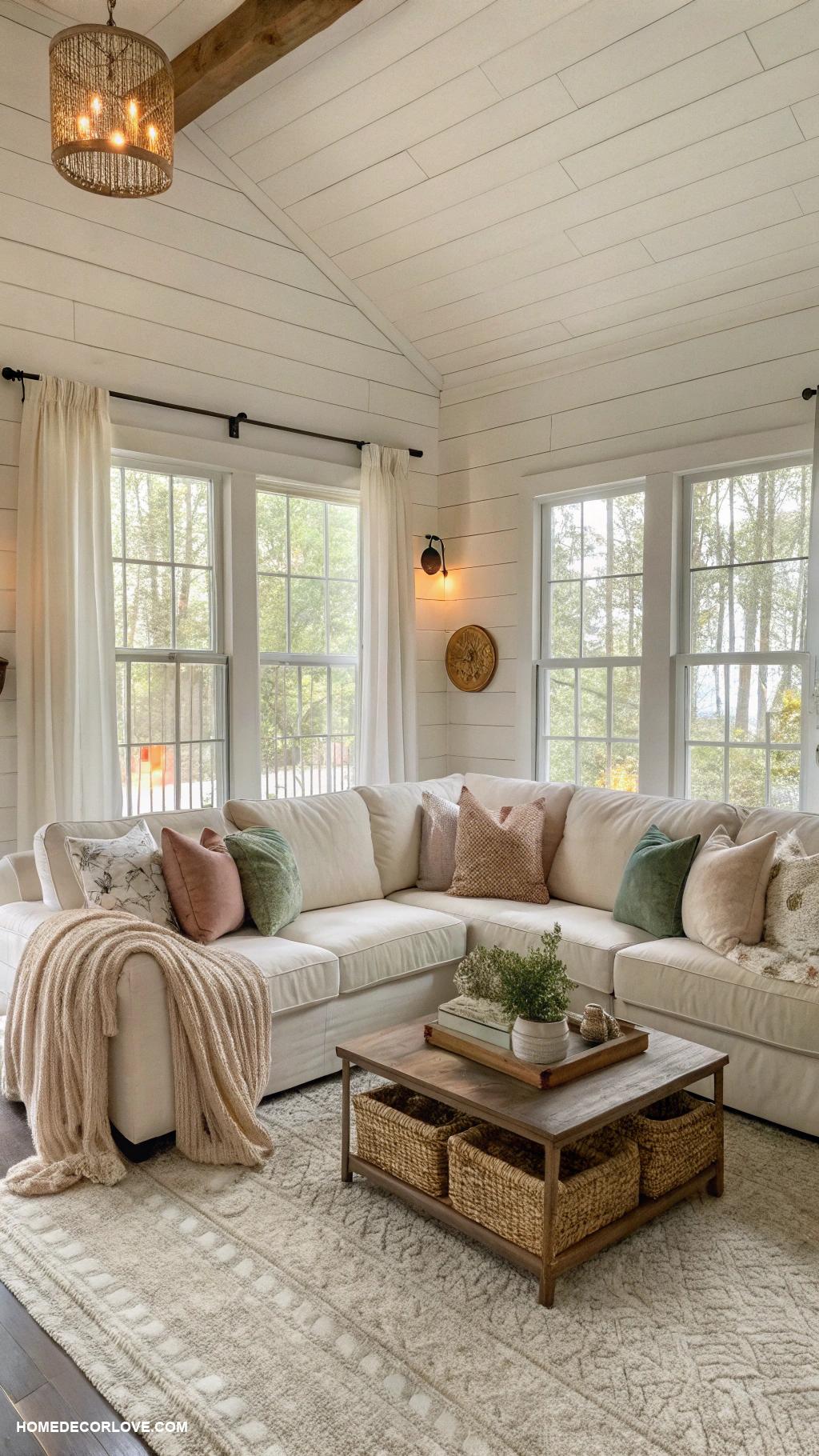 modern farmhouse decor ideas White shiplap walls for rustic charm