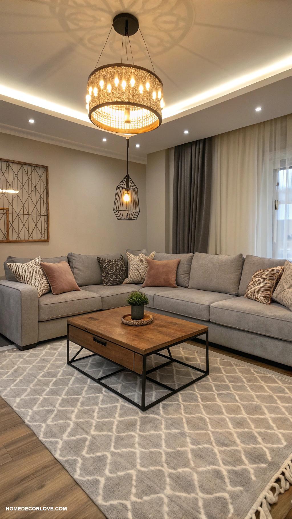 modern living room Layered lighting for cozy ambiance
