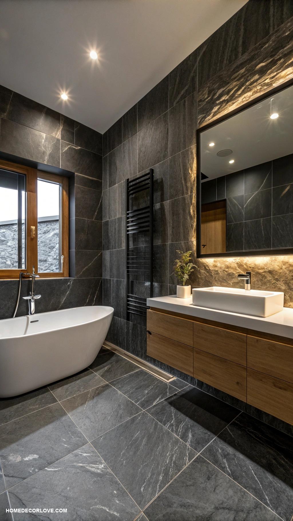 moody bathroom Dark tile with contrasting white fixtures