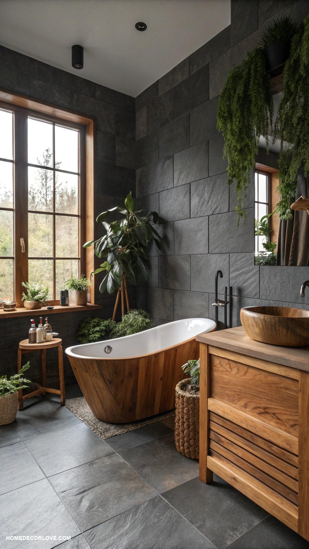moody bathroom Natural wood elements for warmth