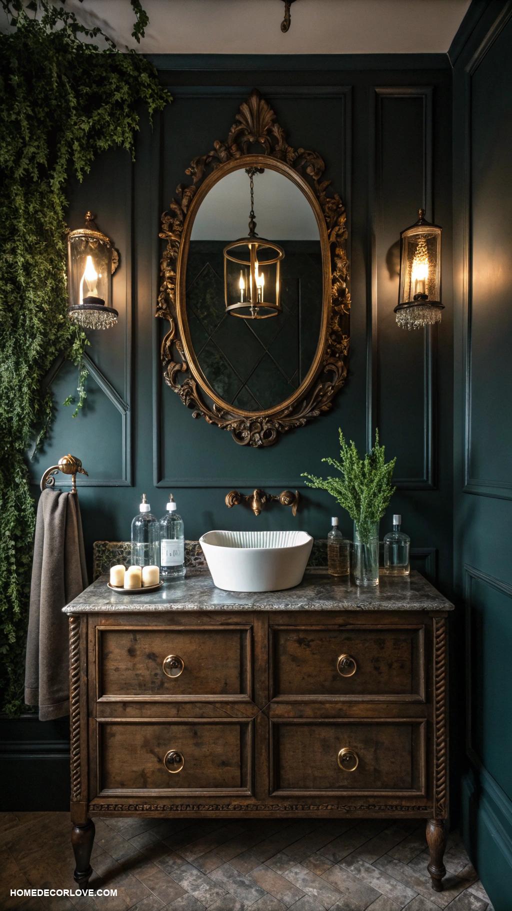 moody bathroom Vintage mirrors for depth and character