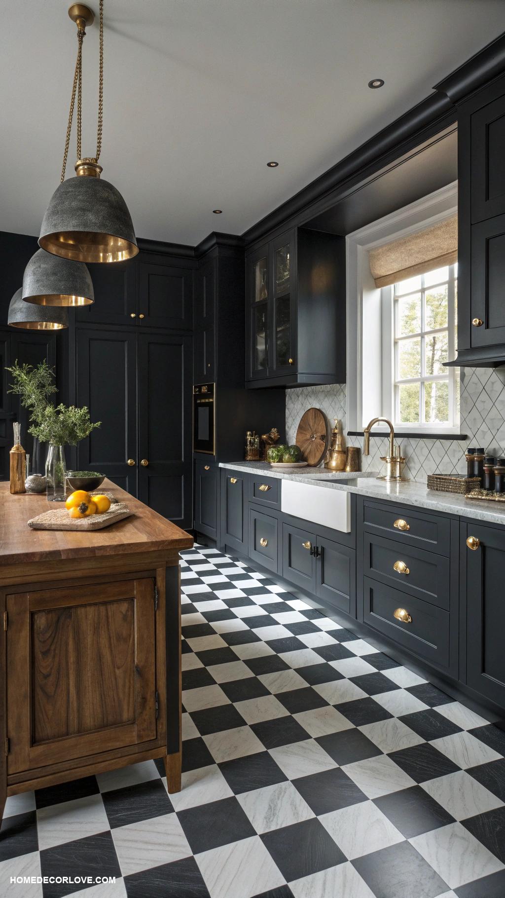 moody kitchen Black and white checkered floor tiles