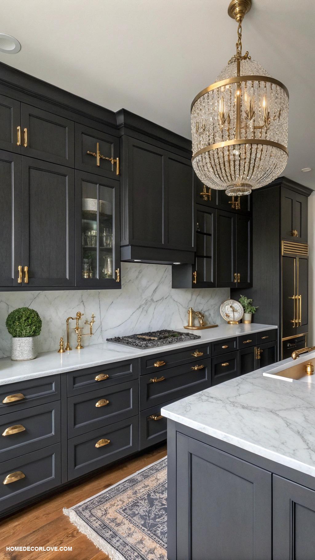 moody kitchen Dark cabinets with gold hardware