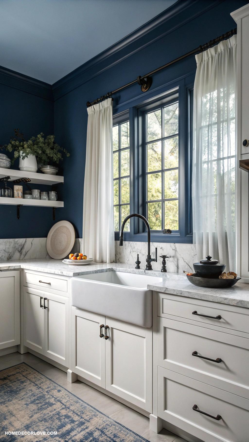 moody kitchen Deep blue walls and white accents