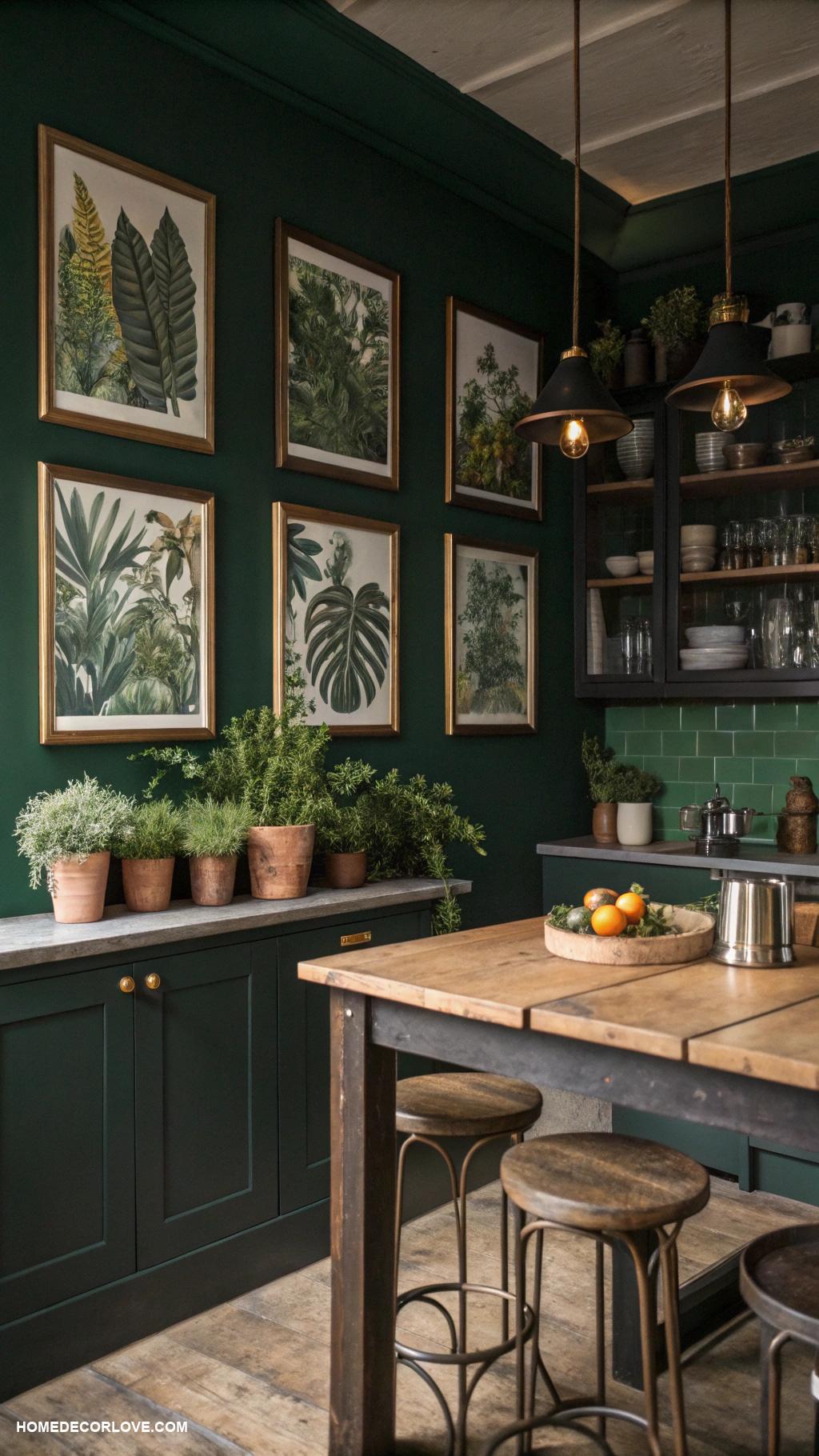 moody kitchen Moody botanical prints on walls
