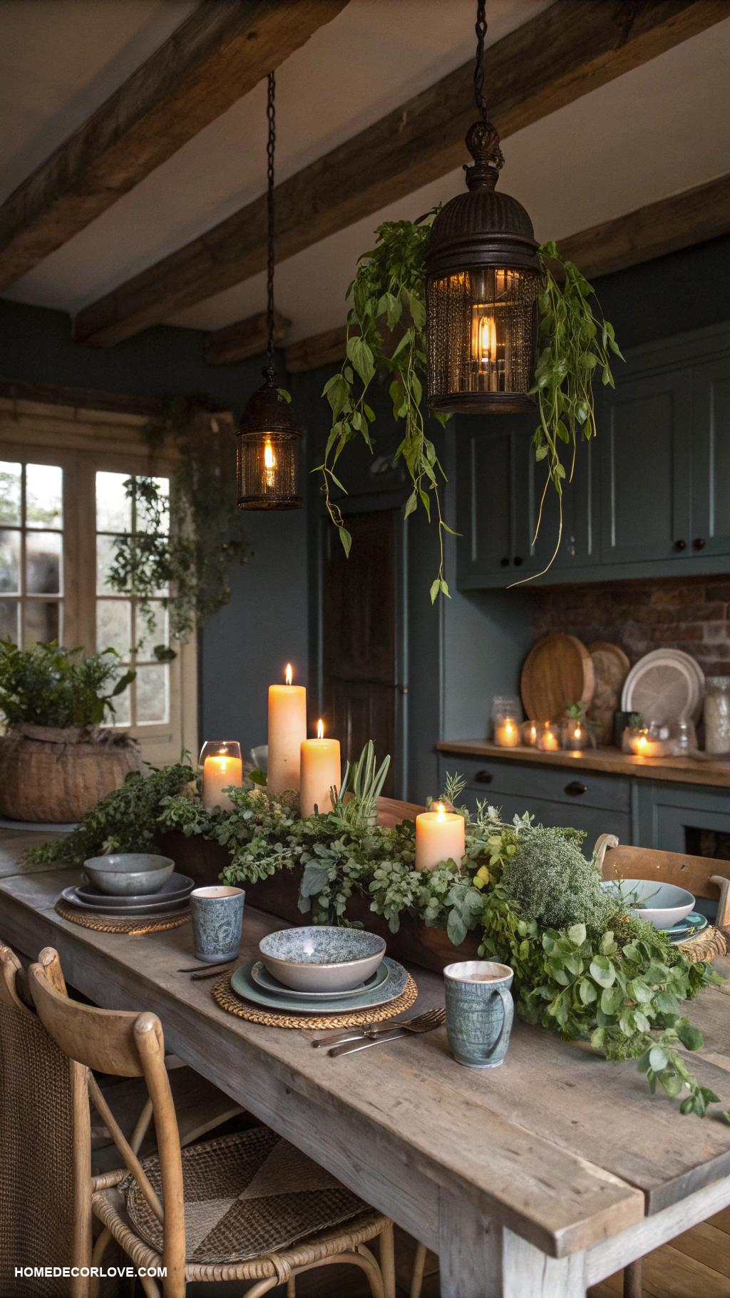 moody kitchen Rustic wood dining table centerpiece