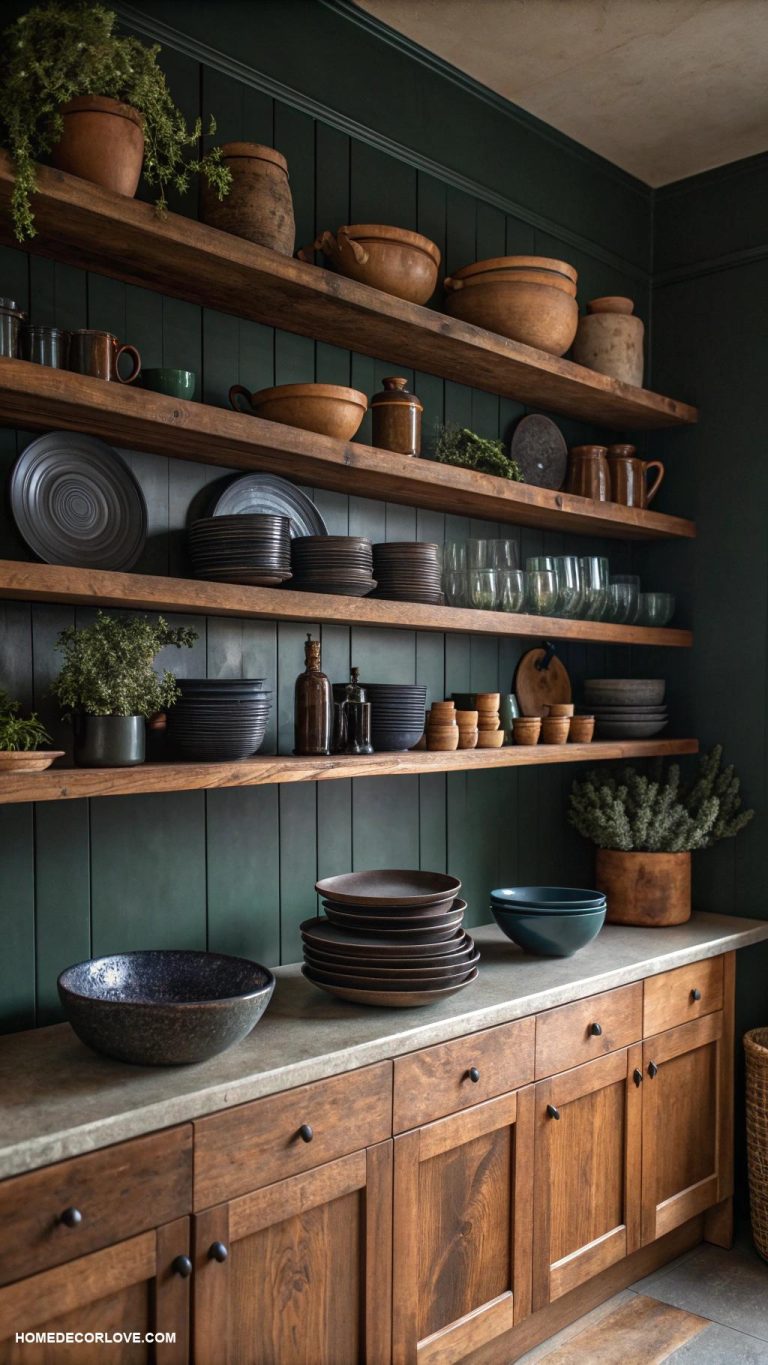 moody kitchen Warm wood shelving with dark dishes