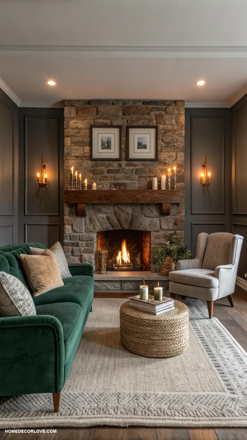 moody living room Cozy fireplace with plush seating