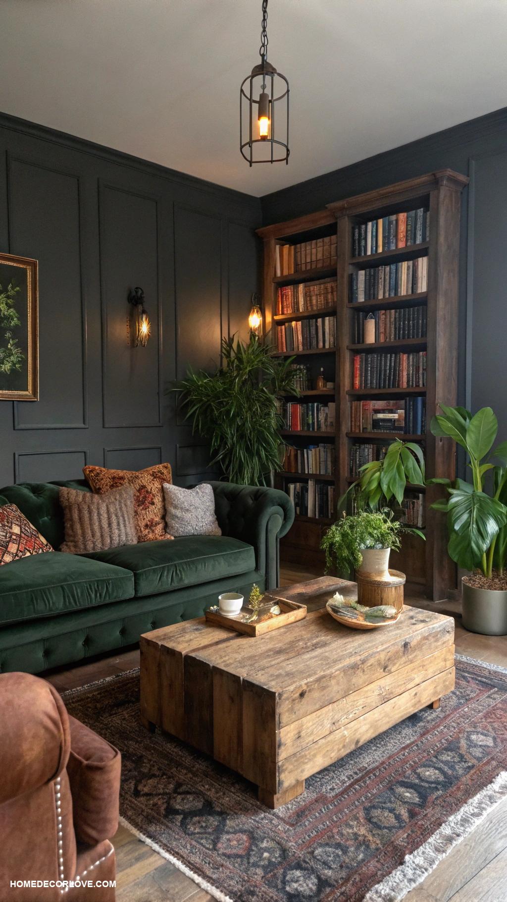 moody living room Natural wood accents for warmth