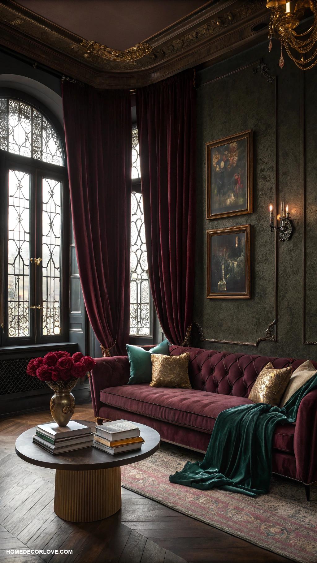 moody living room Rich velvet curtains for texture