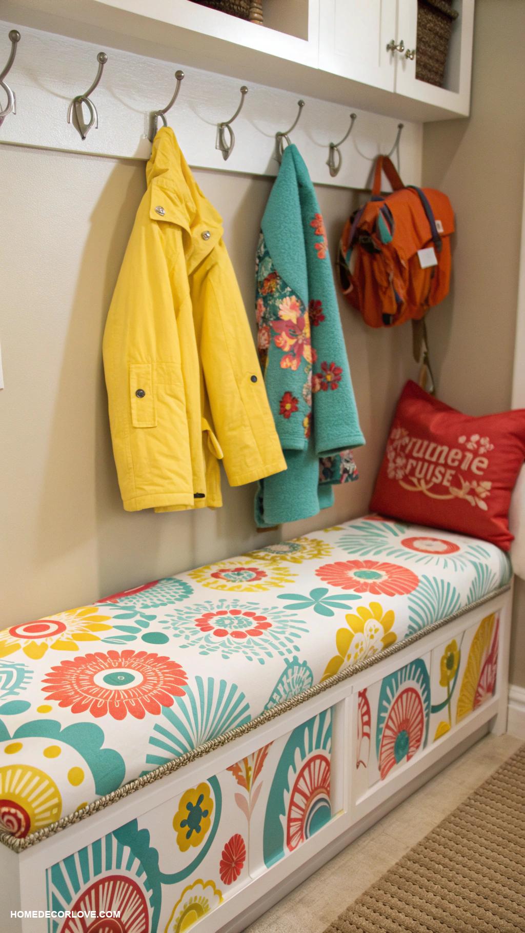 mudroom bench ideas Colorful bench with playful patterns