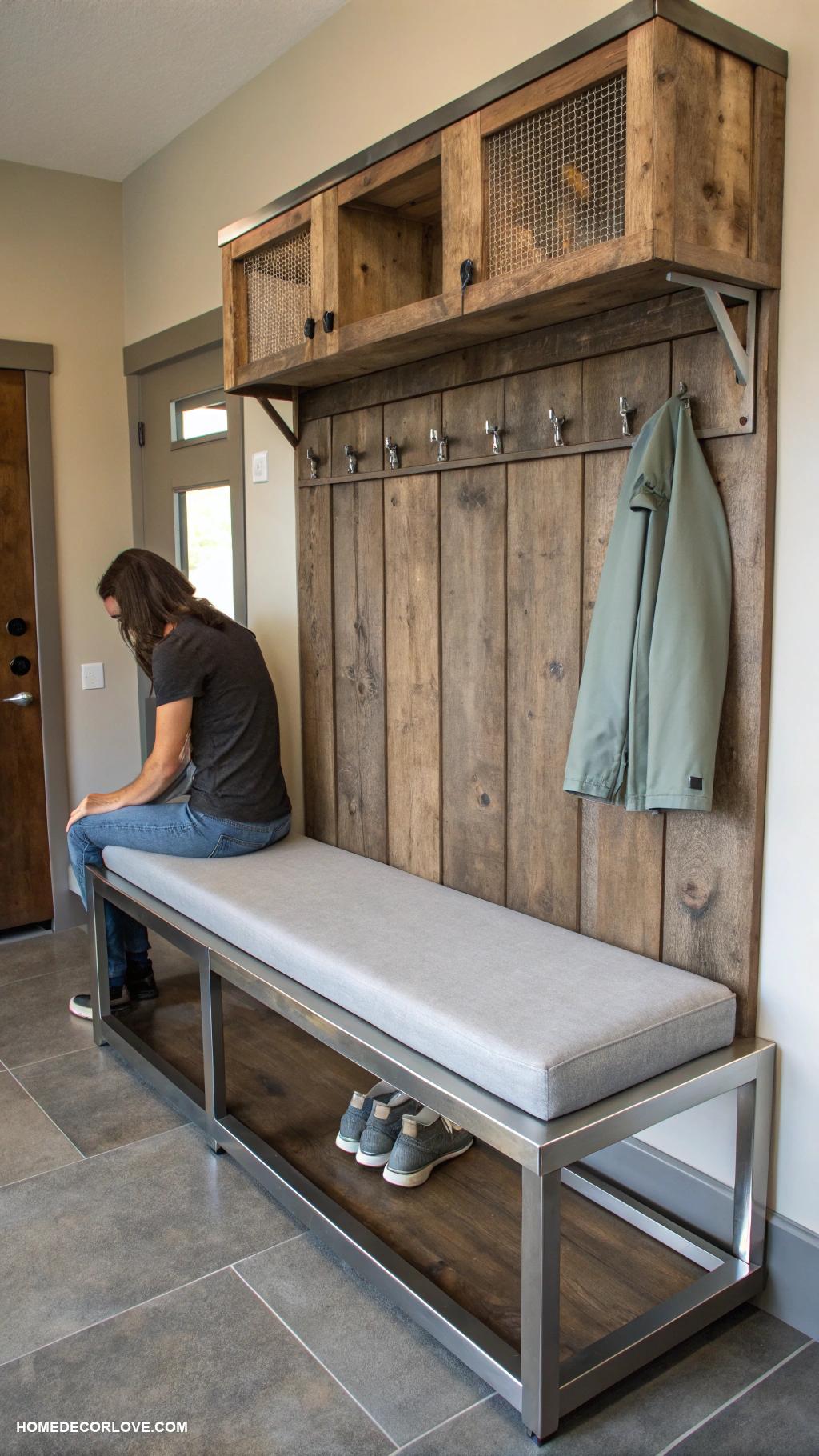 mudroom bench ideas Metal bench for an industrial vibe