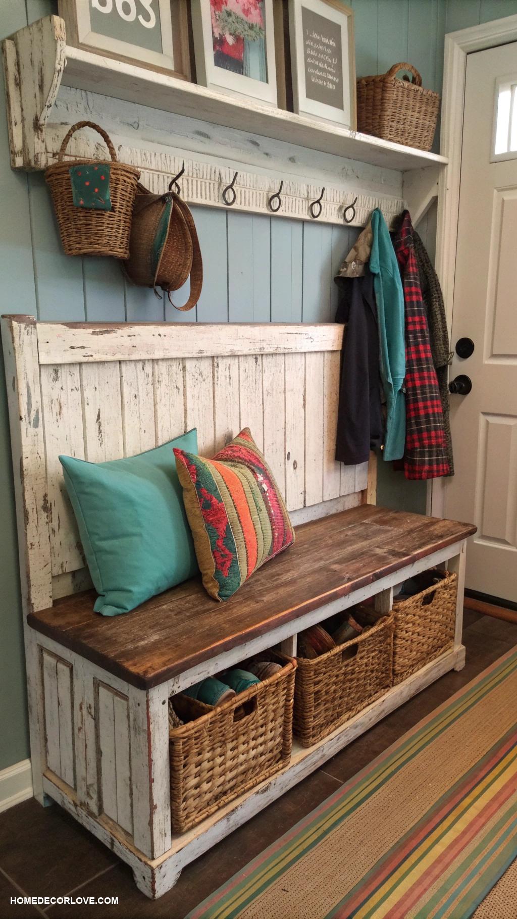 mudroom bench ideas Vintage bench with repurposed materials