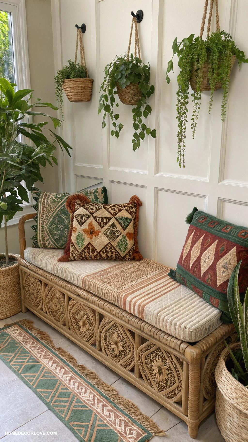 mudroom bench ideas Woven bench for a bohemian touch