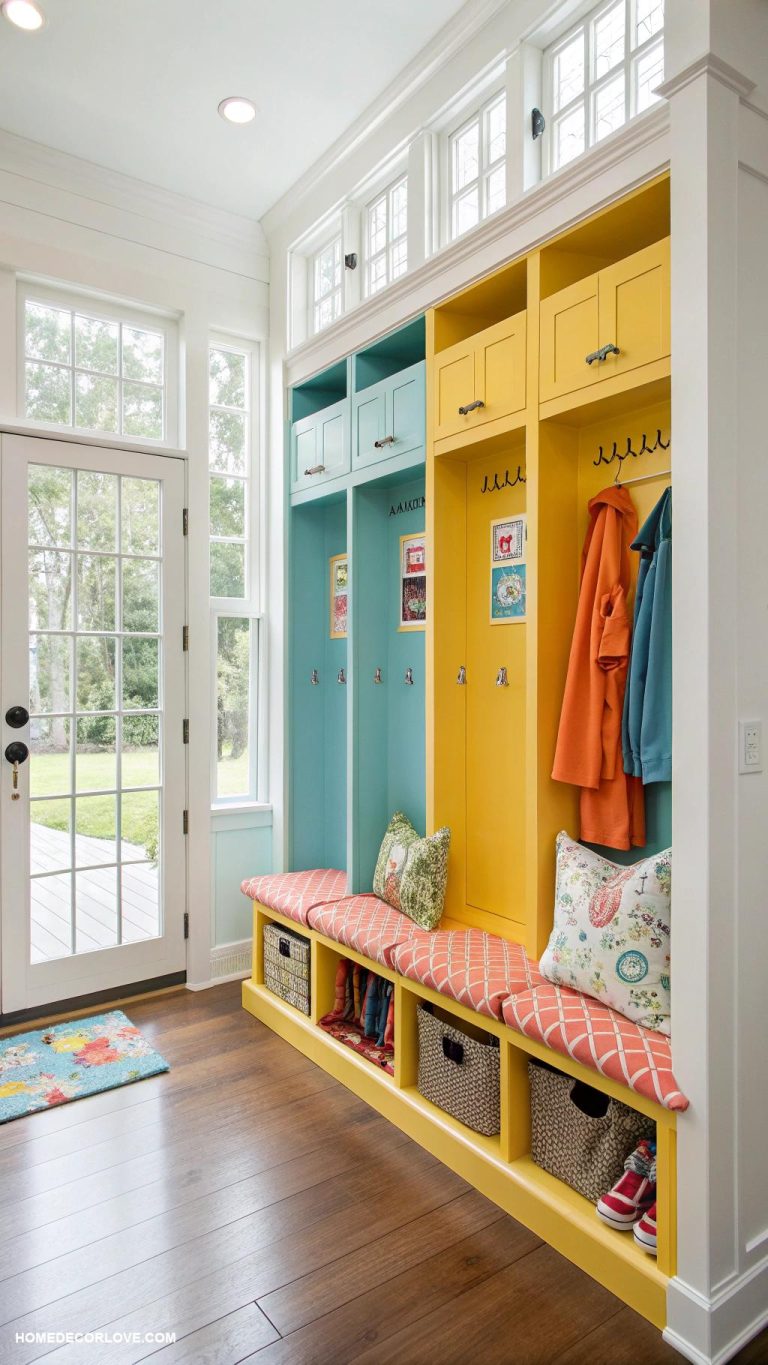 mudroom with lockers Bright colored lockers for cheerful ambiance