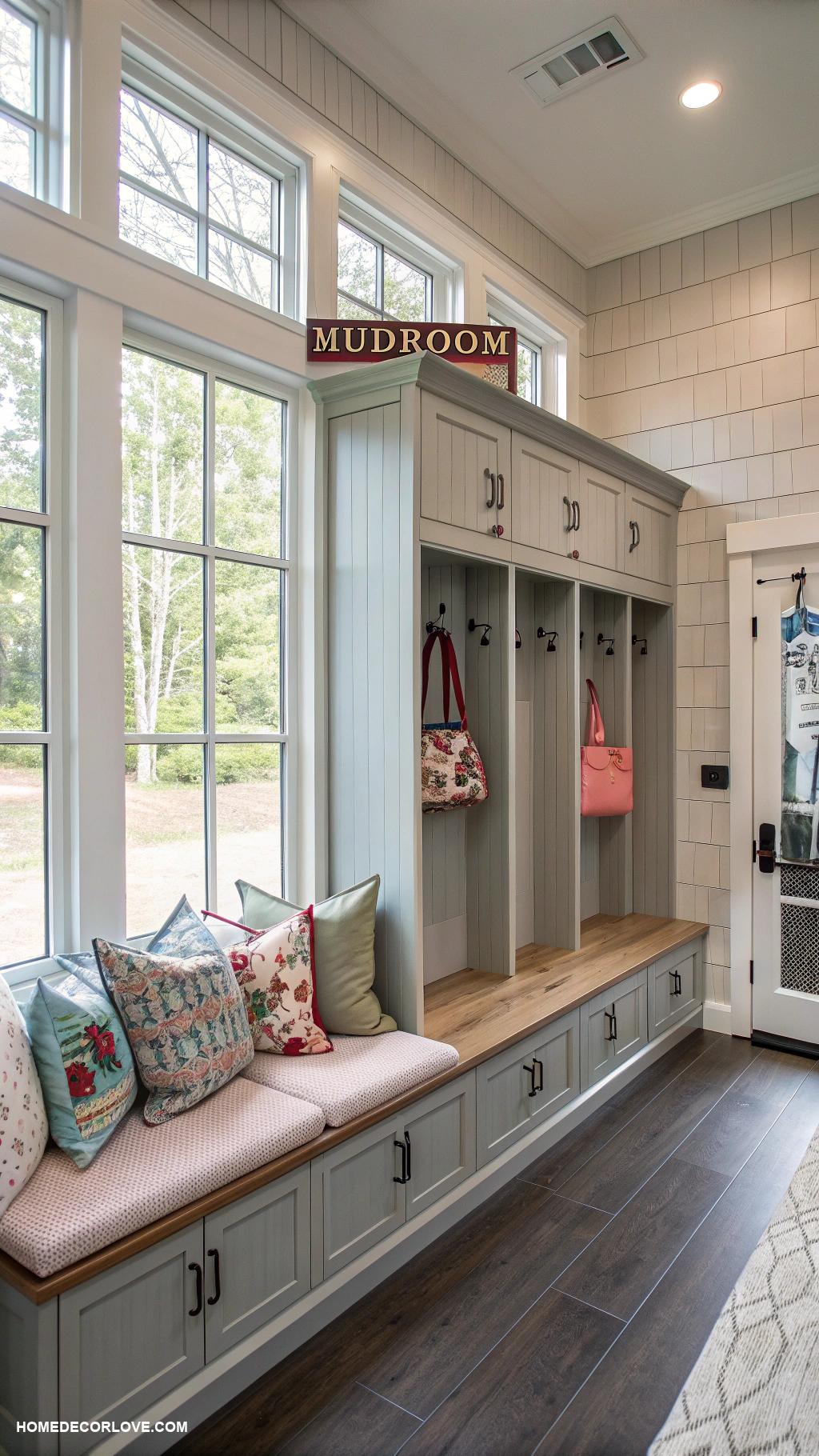 mudroom with lockers Built in benches for seating comfort