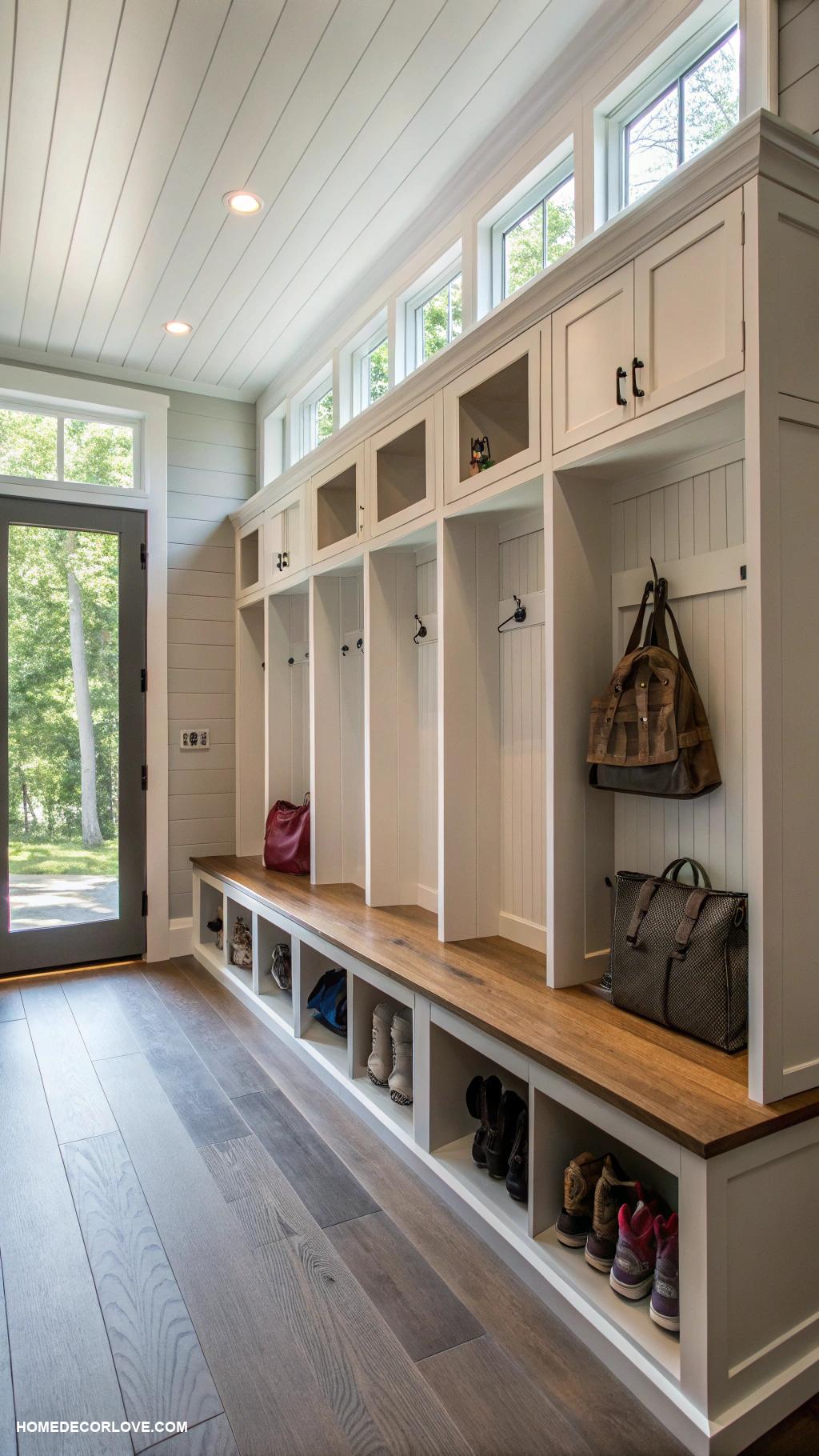 mudroom with lockers Under bench storage for hidden clutter