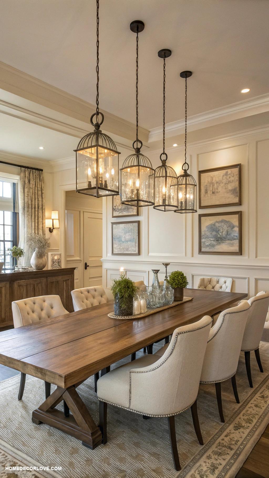 nancy meyers dining room Layered lighting with pendant fixtures