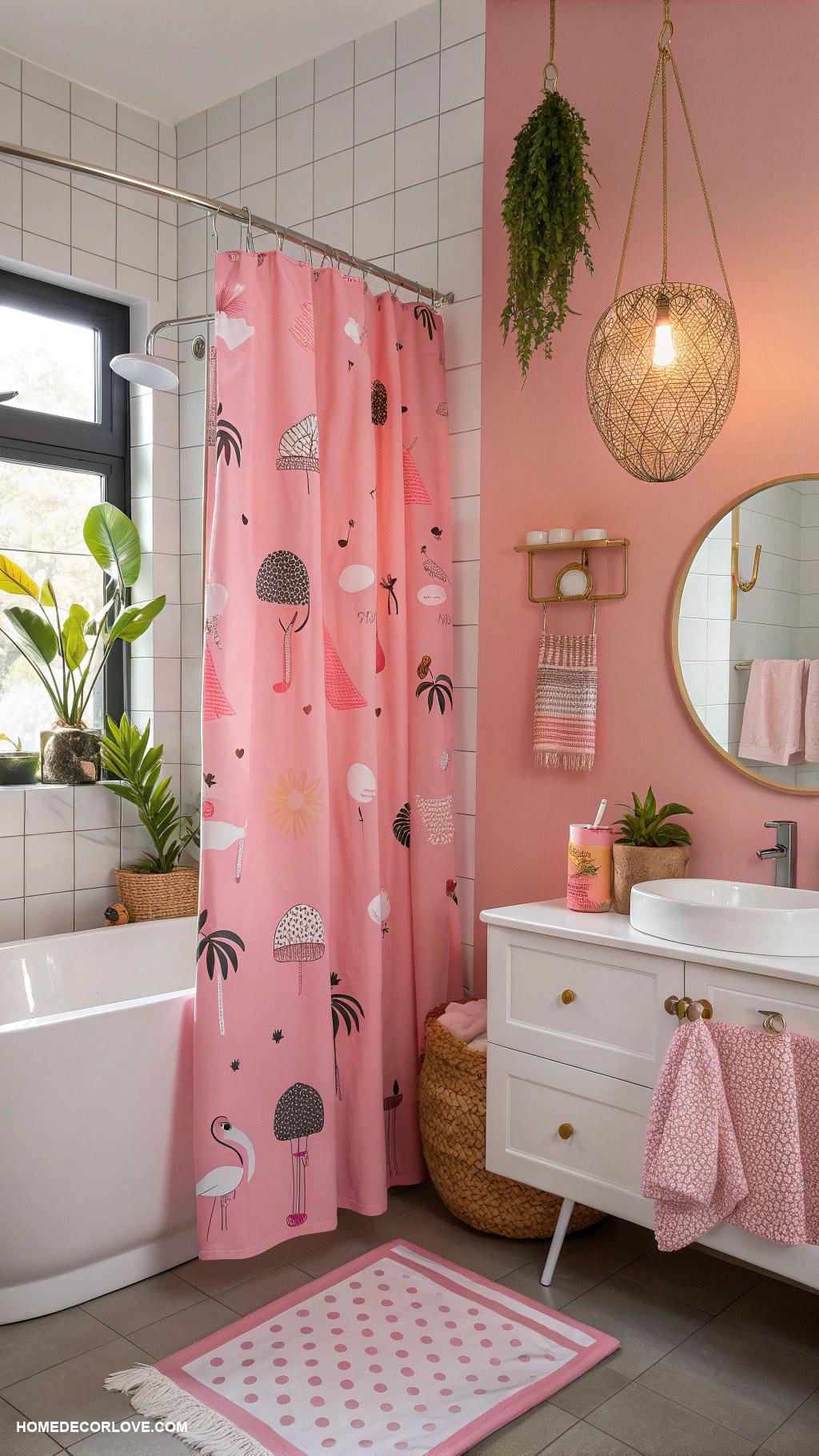 pink bathroom Pink shower curtain with fun patterns