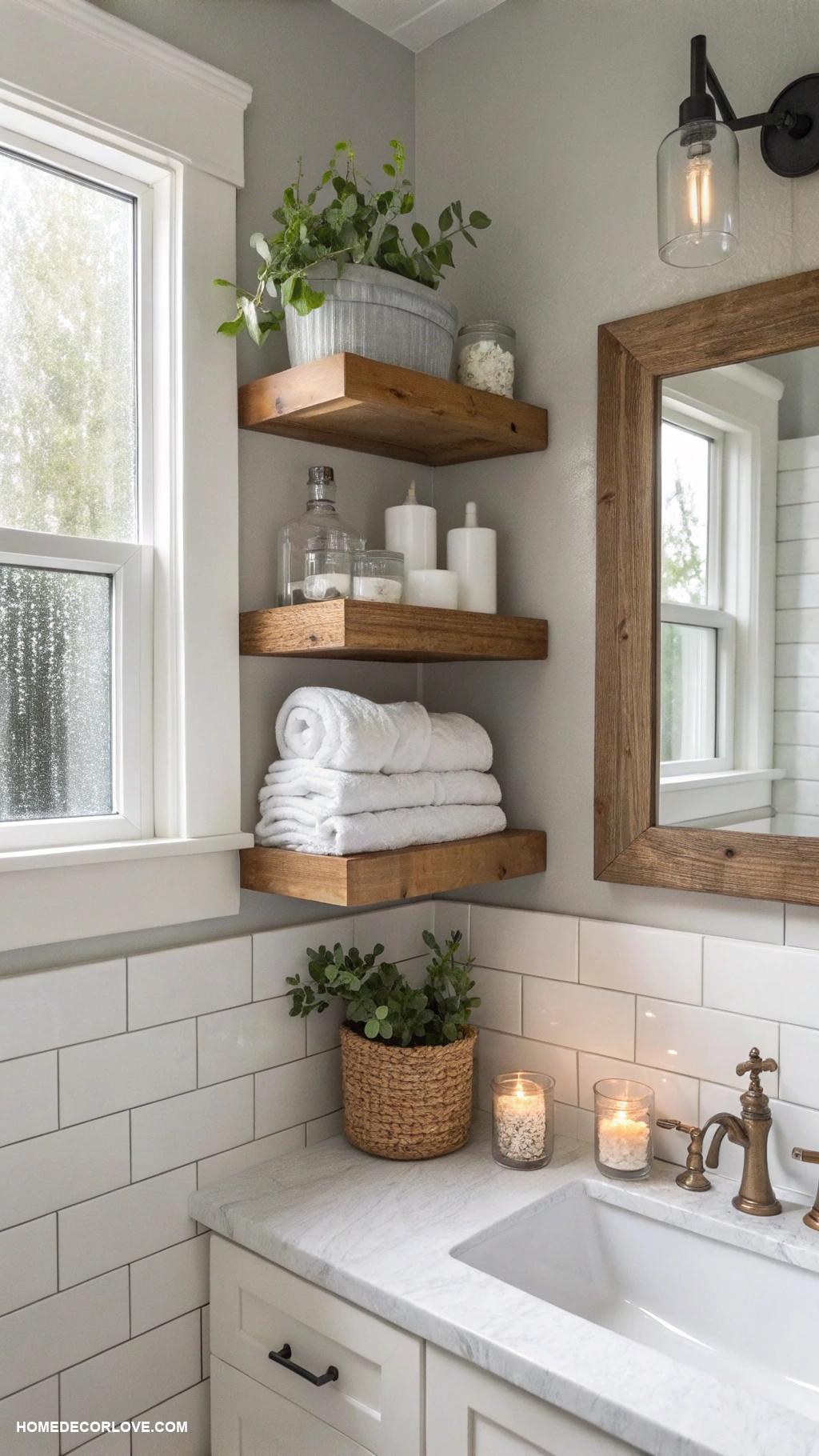 small bathroom ideas Utilize corner shelves for storage