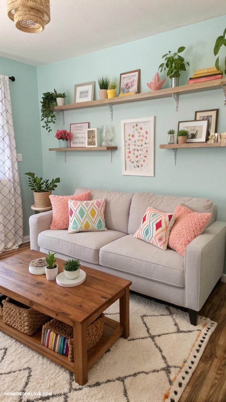 small living room ideas Add wall shelves for decorative storage