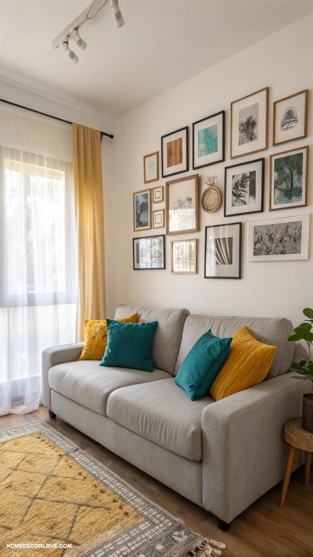 small living room ideas Hang art at eye level for impact