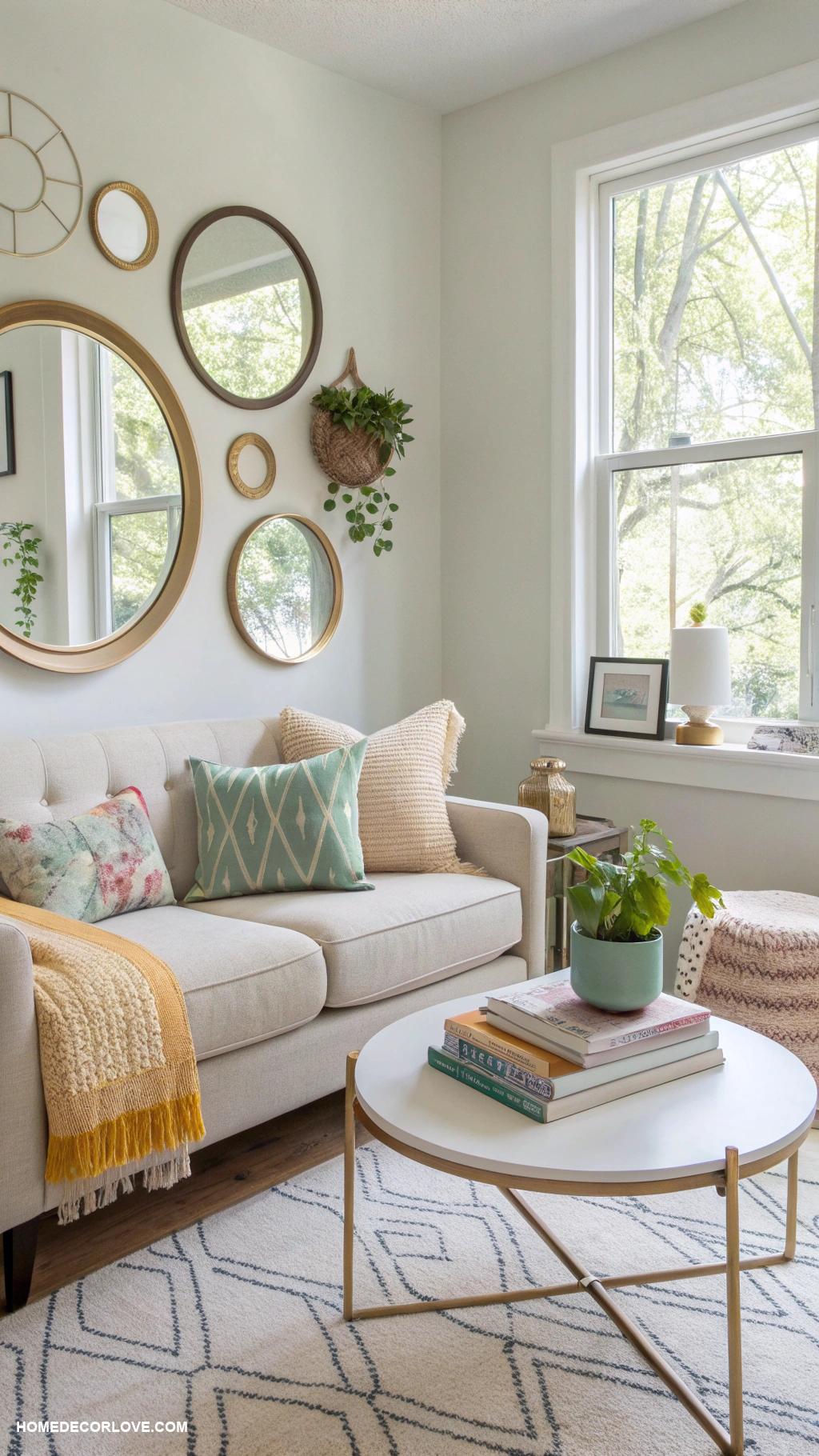 small living room ideas Incorporate mirrors to create visual depth