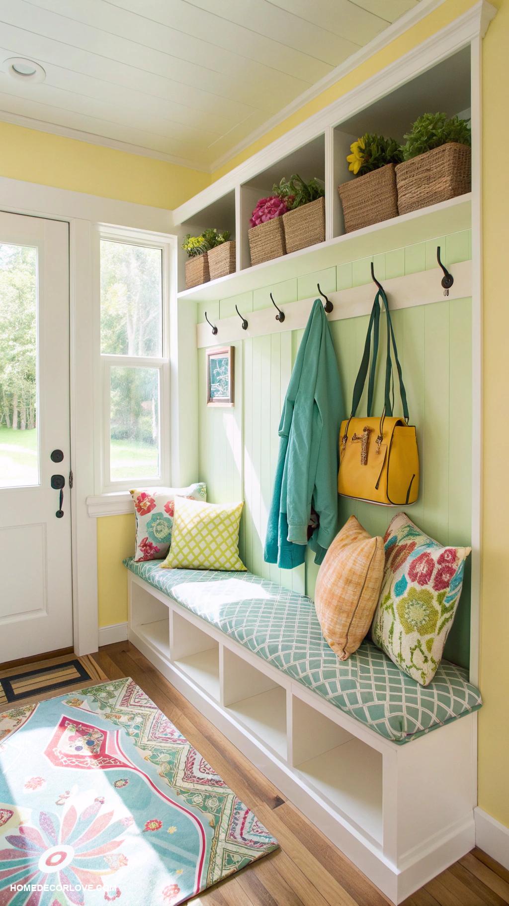 small mudroom ideas Bright wall paint for a cheerful vibe