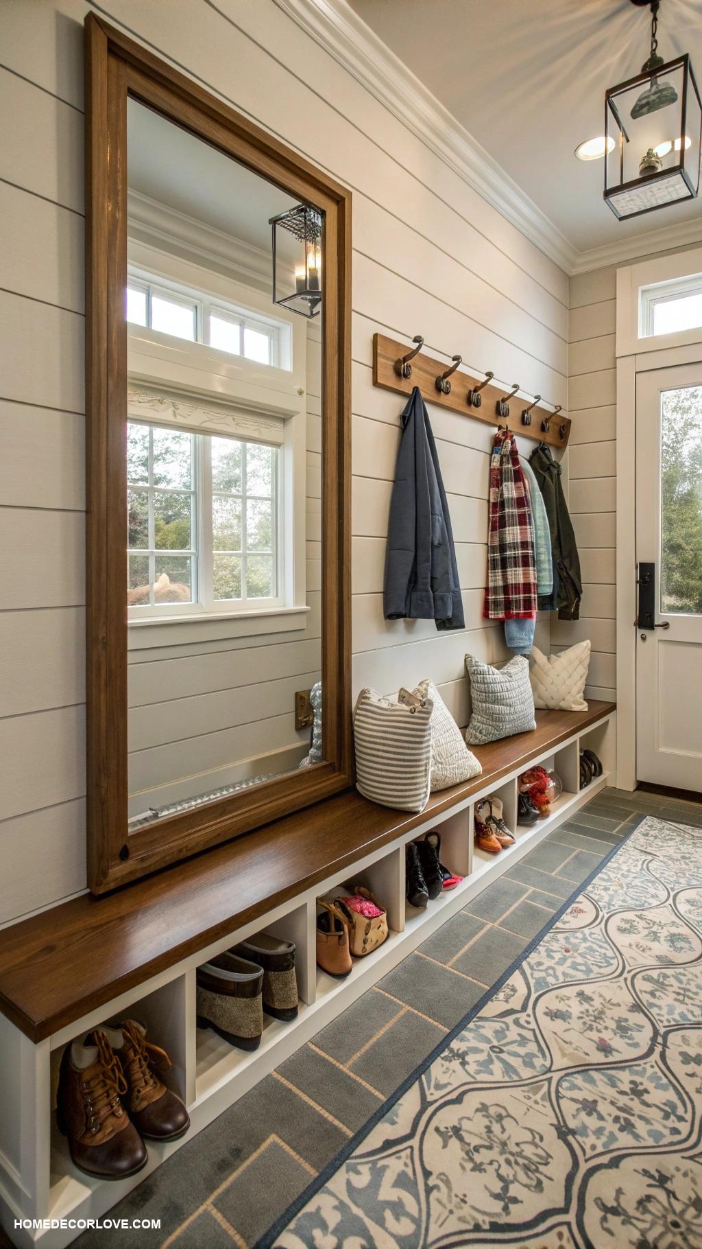 small mudroom ideas Large mirror to create an illusion of space