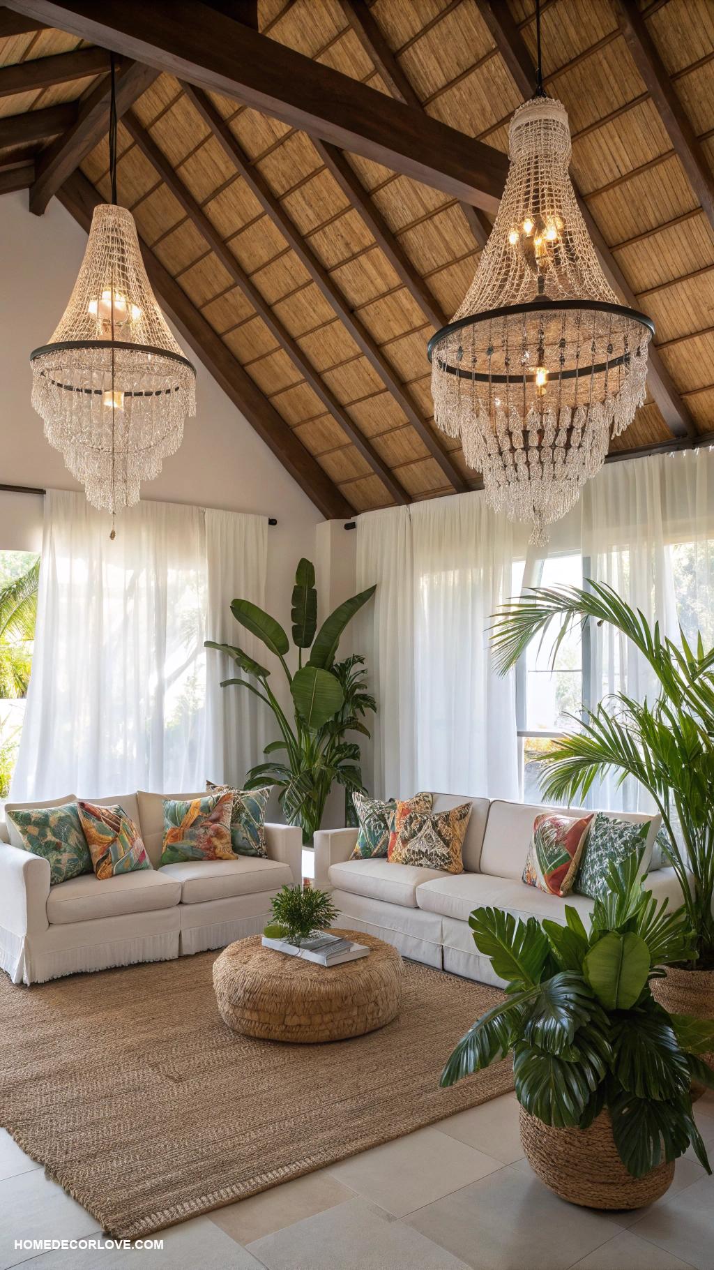 warm tropical home decor ideas Beaded chandeliers for a touch of elegance