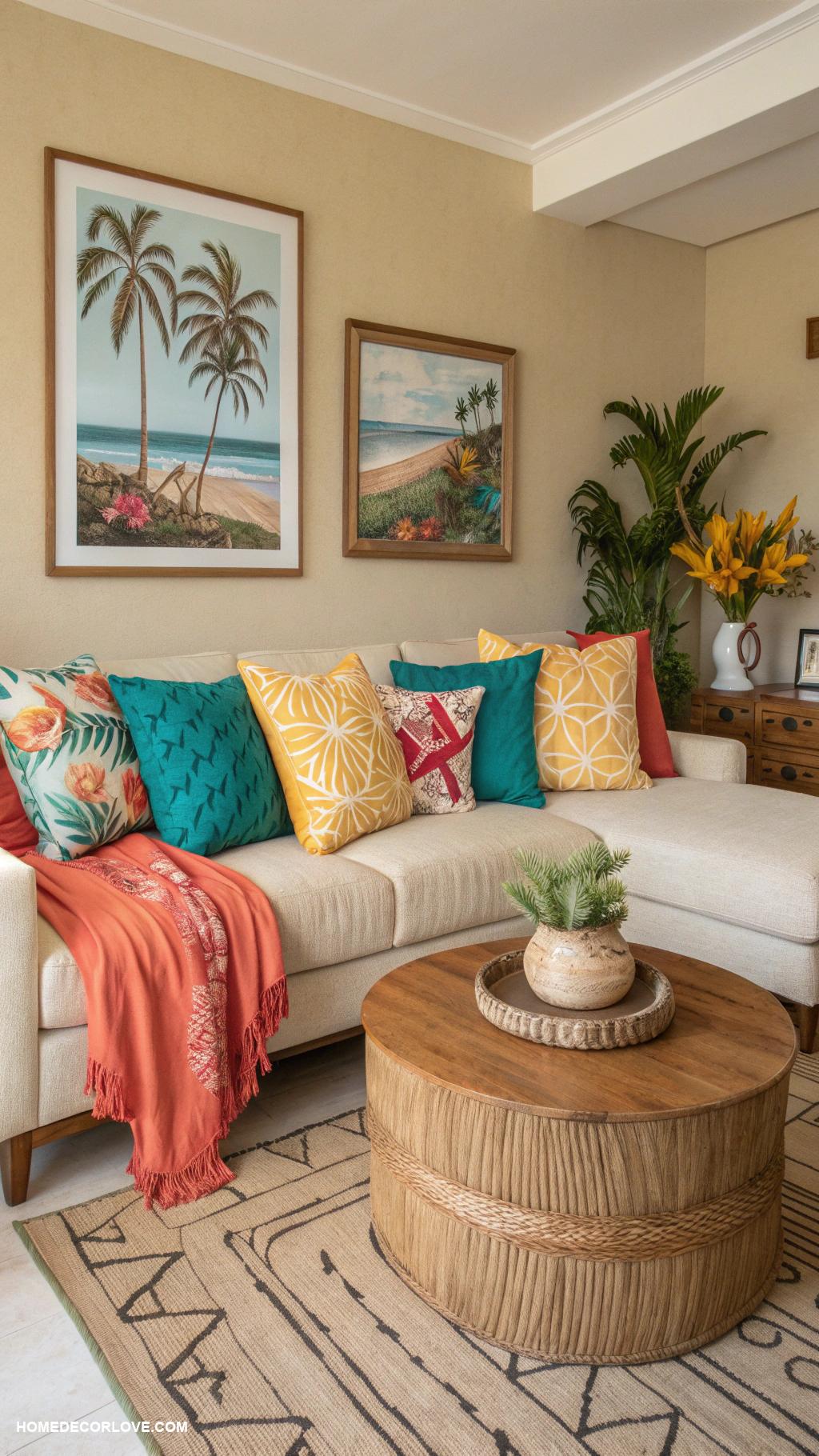 warm tropical home decor ideas Brightly colored throw pillows for a tropical vibe